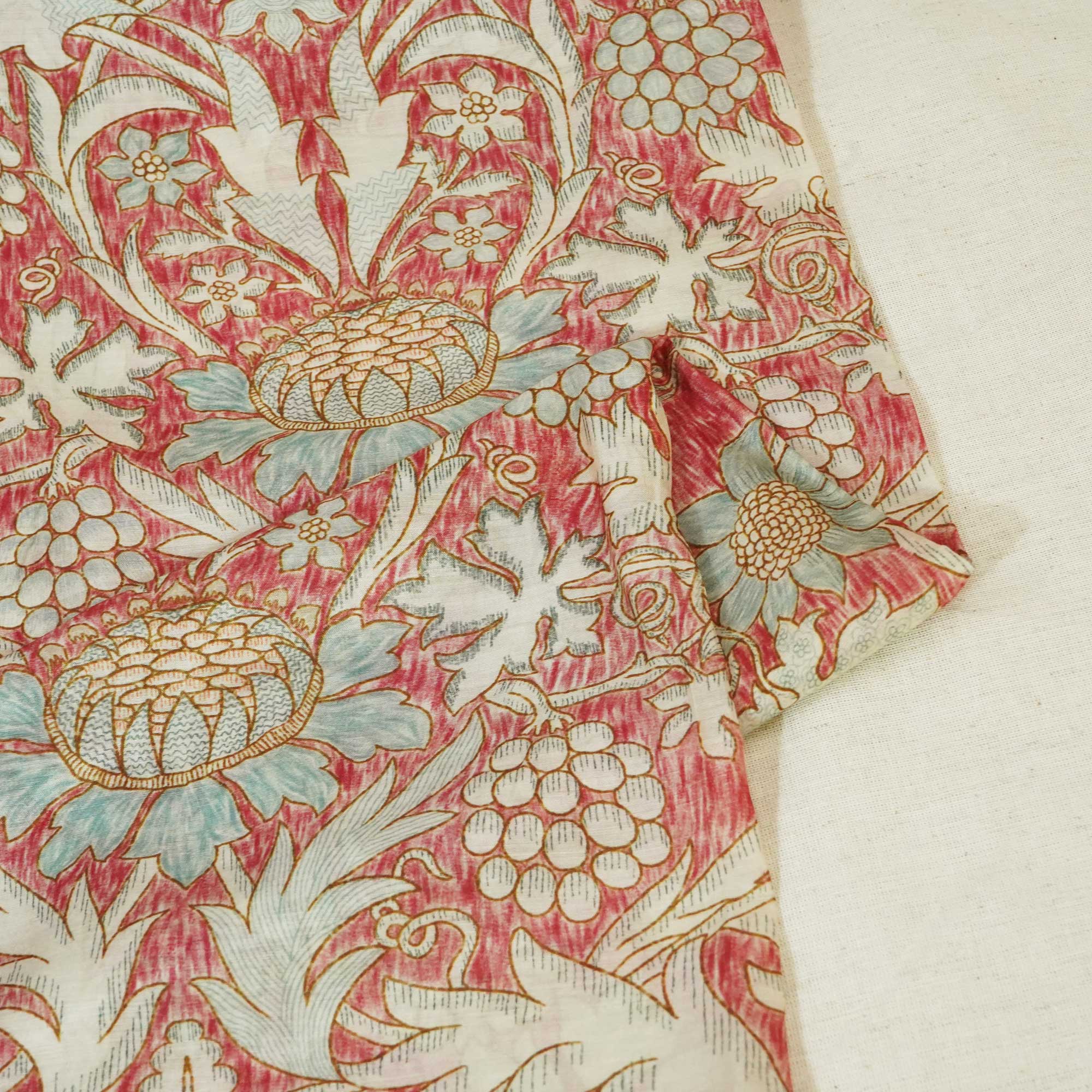 Brick Red Handpainted Floral Print Muslin Fabric GT-24679