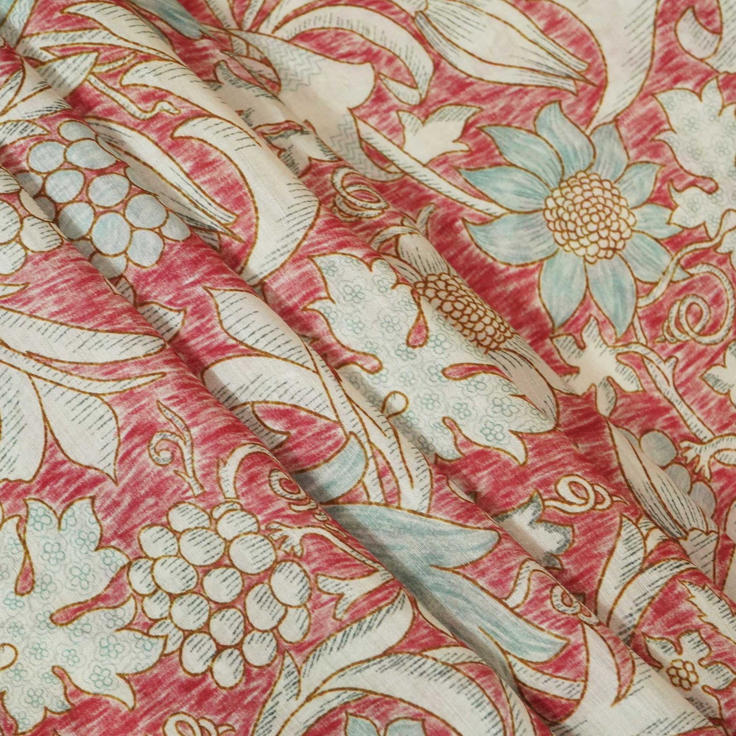 Brick Red Handpainted Floral Print Muslin Fabric GT-24679