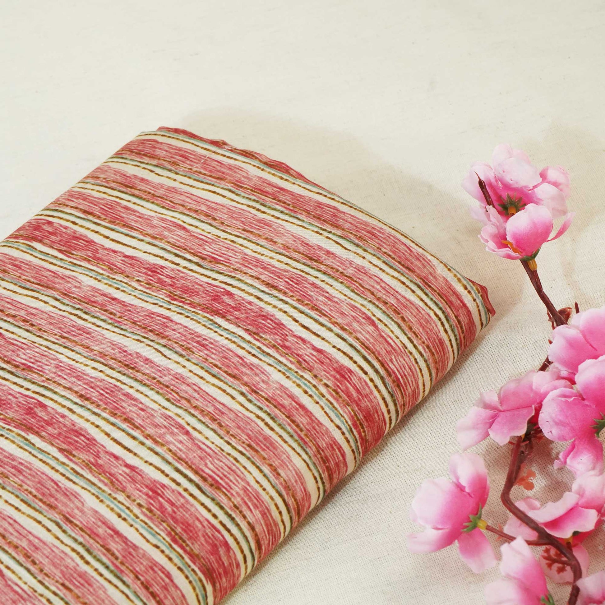 Brick Red Handpainted Stripes Print Muslin Fabric GT-24680