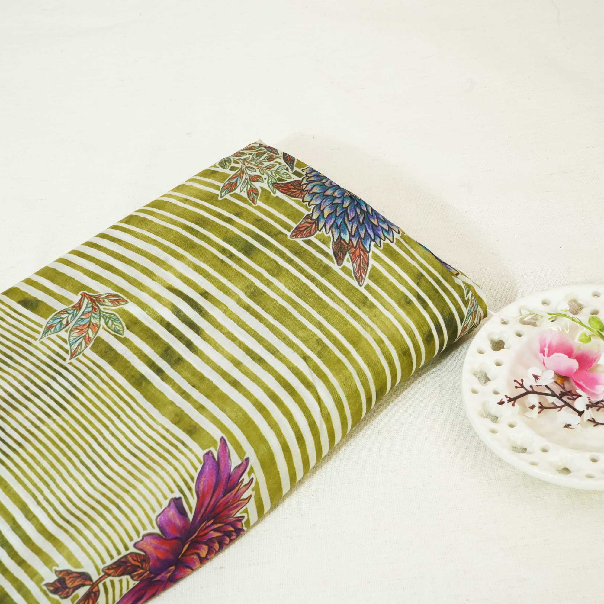 Green Floral Print Muslin Fabric GT-24684