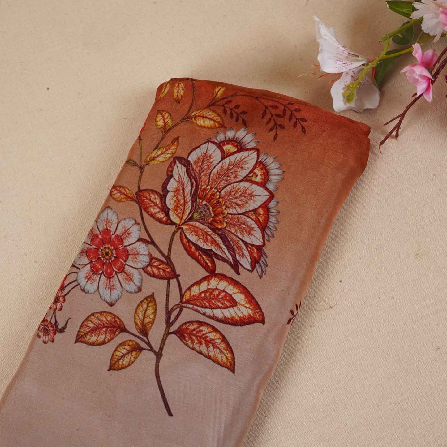 Peach & Dark Maroon Shaded Floral Print Organza Fabric MT-28249