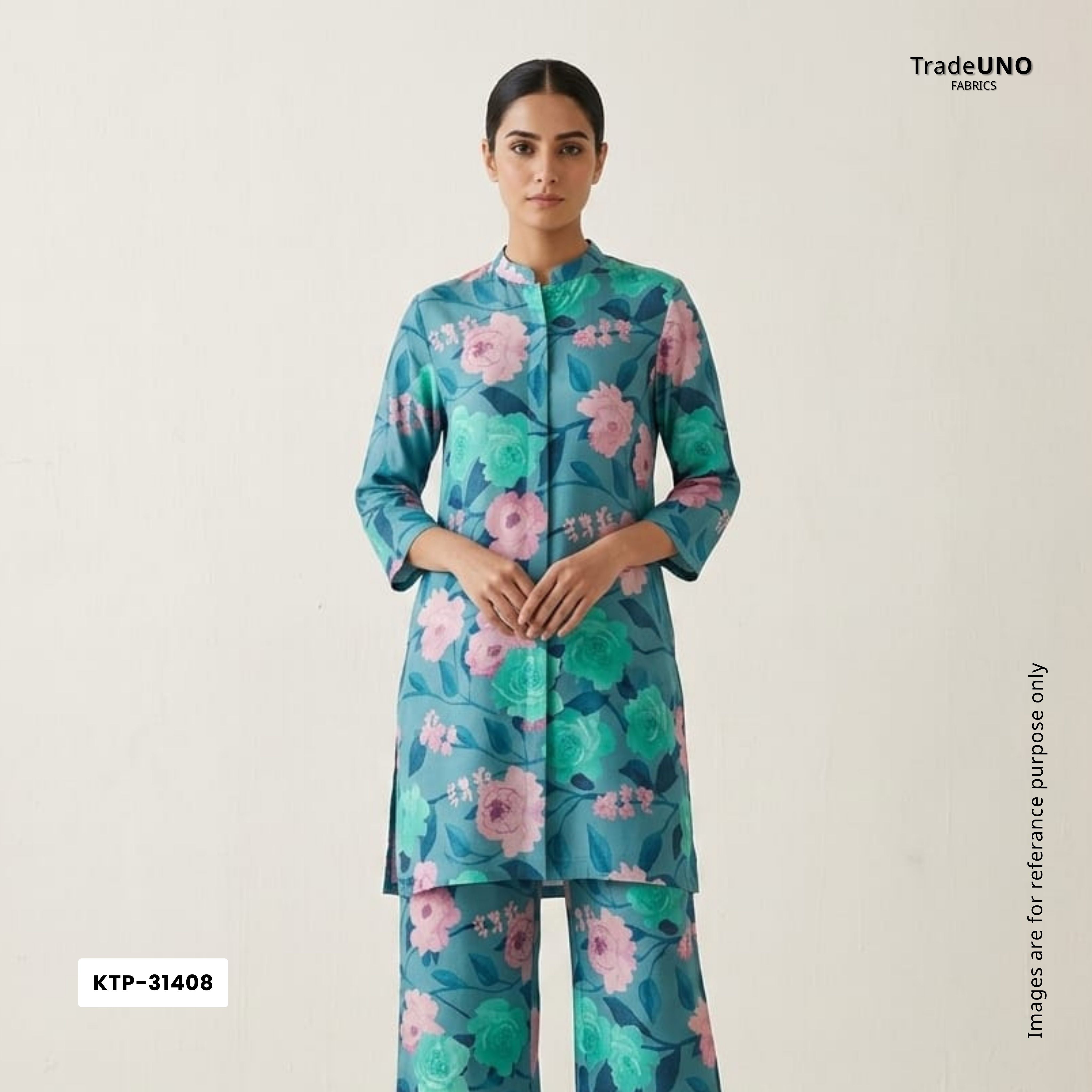 Teal Blue floral print Bemberg Modal Silk Fabric KTP-31408 - TradeUNO