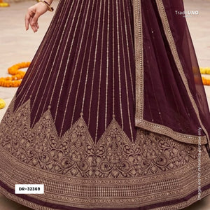 Wine Zari Stripes With Sequins Embroidery Georgette Fabric DR-32369 - TradeUNO