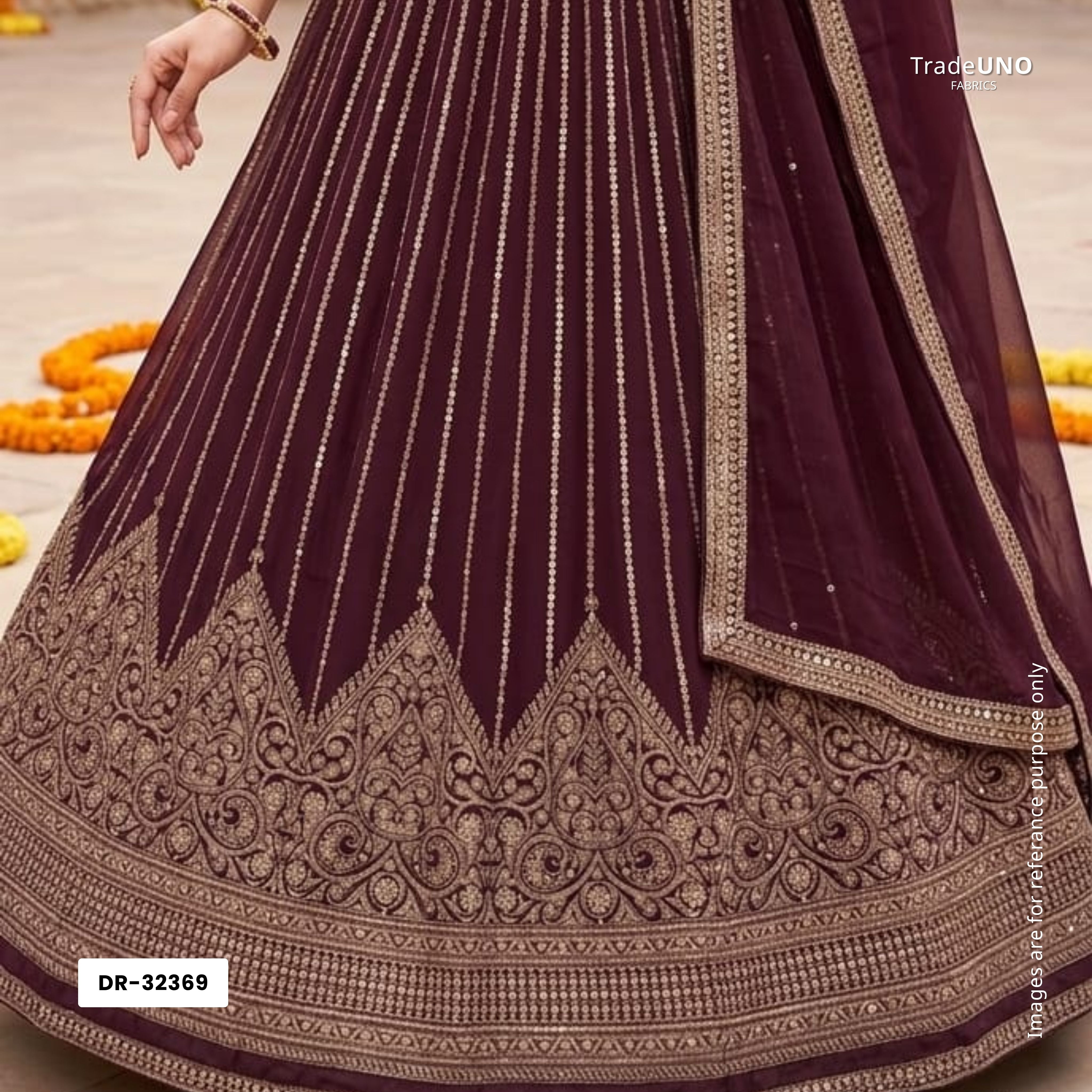 Wine Zari Stripes With Sequins Embroidery Georgette Fabric DR-32369 - TradeUNO