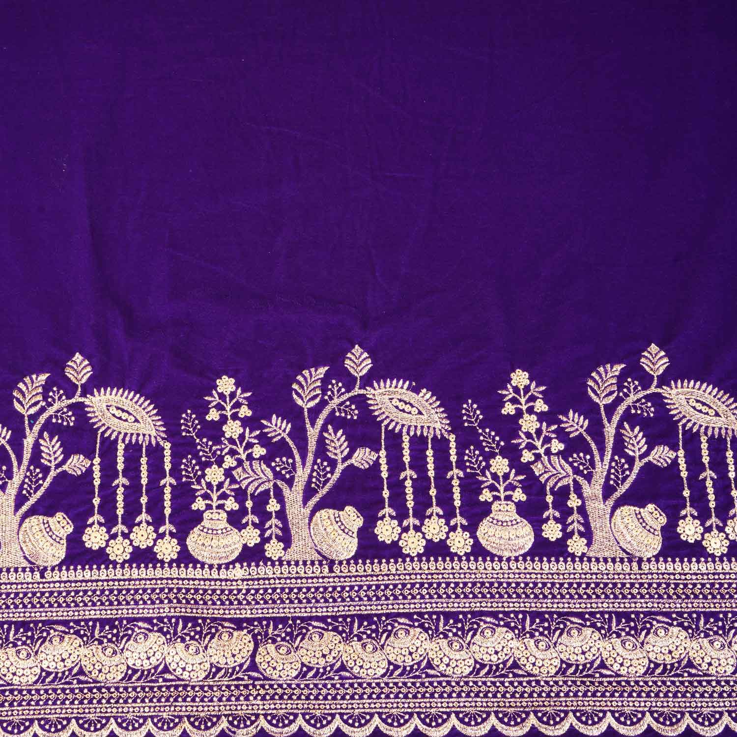 Royal Blue Border Work Cutdana Velvet 9000 Fabric SC-28250 - TradeUNO