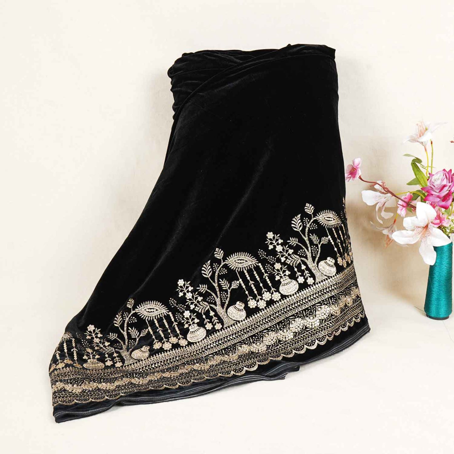 Black Border Work Cutdana Velvet 9000 Fabric SC-28252