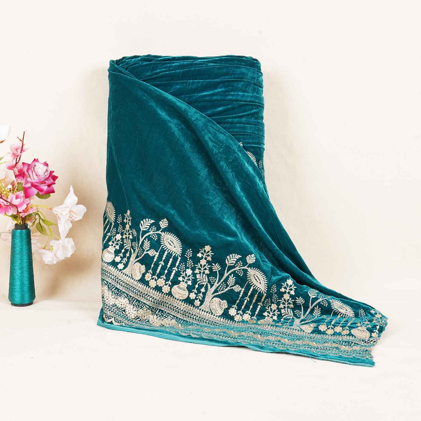 Teal Green Border Work Cutdana Velvet 9000 Fabric SC-28253