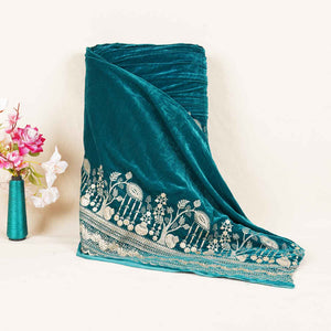 Teal Green Border Work Cutdana Velvet 9000 Fabric SC-28253 - TradeUNO