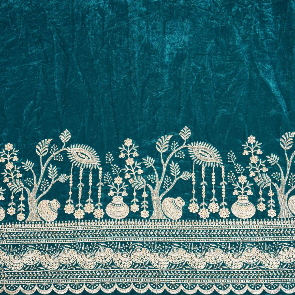 Teal Green Border Work Cutdana Velvet 9000 Fabric SC-28253 - TradeUNO