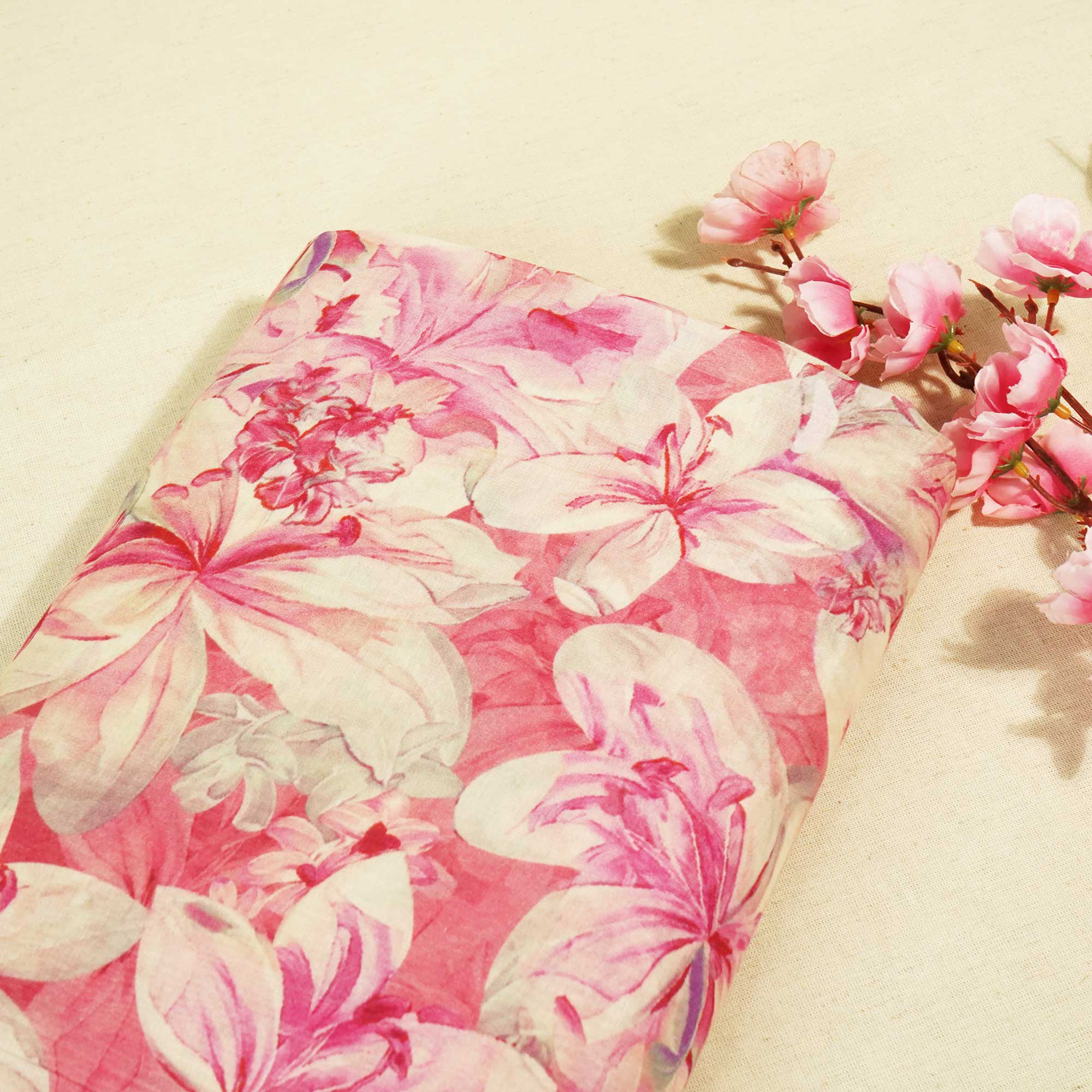 Pink Floral Print Chanderi Fabric GT-25305
