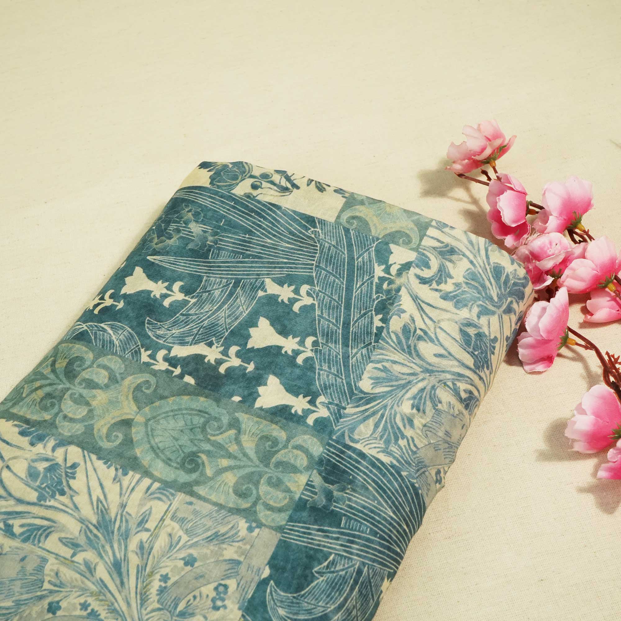Blue & Grey Floral Patch Print Chanderi Fabric GT-25309