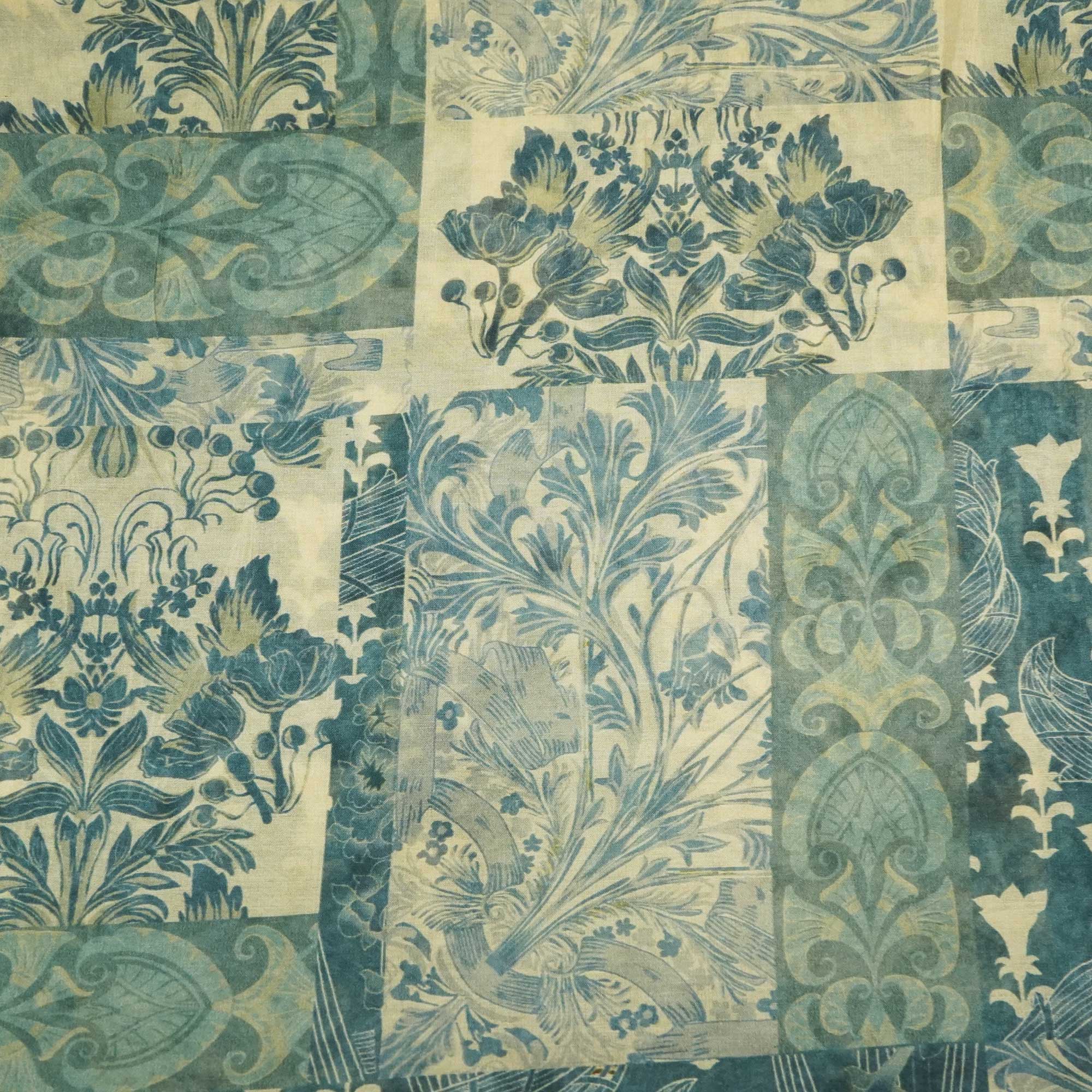 Blue & Grey Floral Patch Print Chanderi Fabric GT-25309