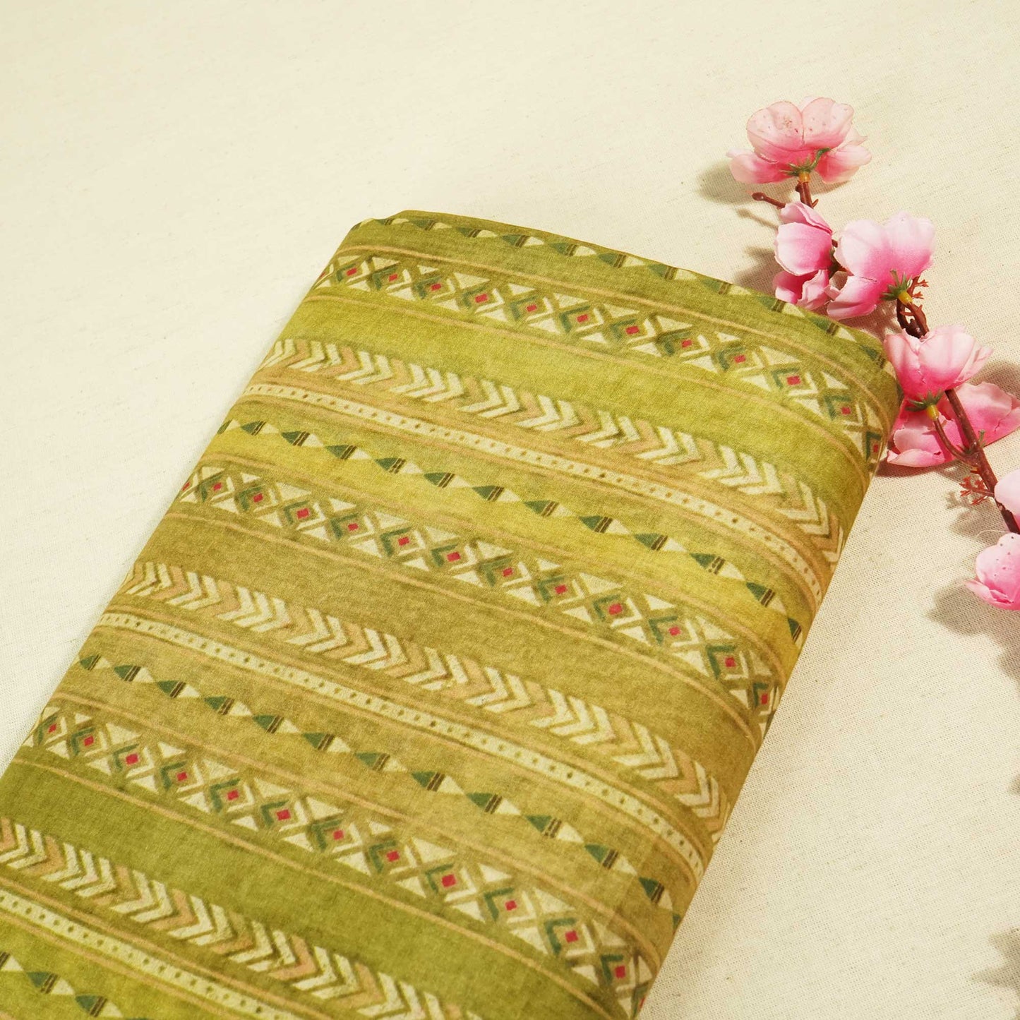 Green & Multicolor Geometrical Print Chanderi Fabric GT-25314