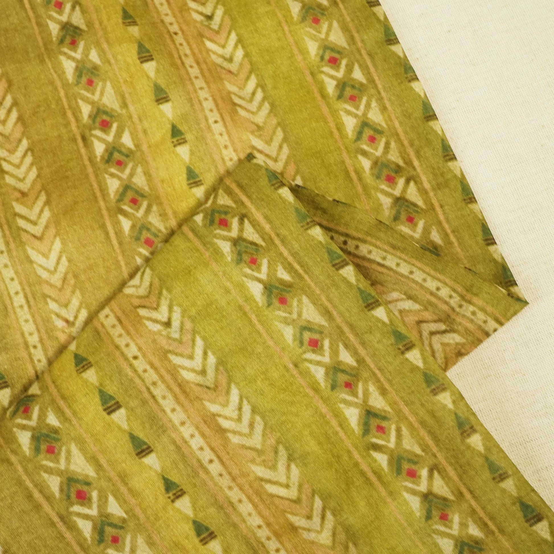 Green & Multicolor Geometrical Print Chanderi Fabric GT-25314