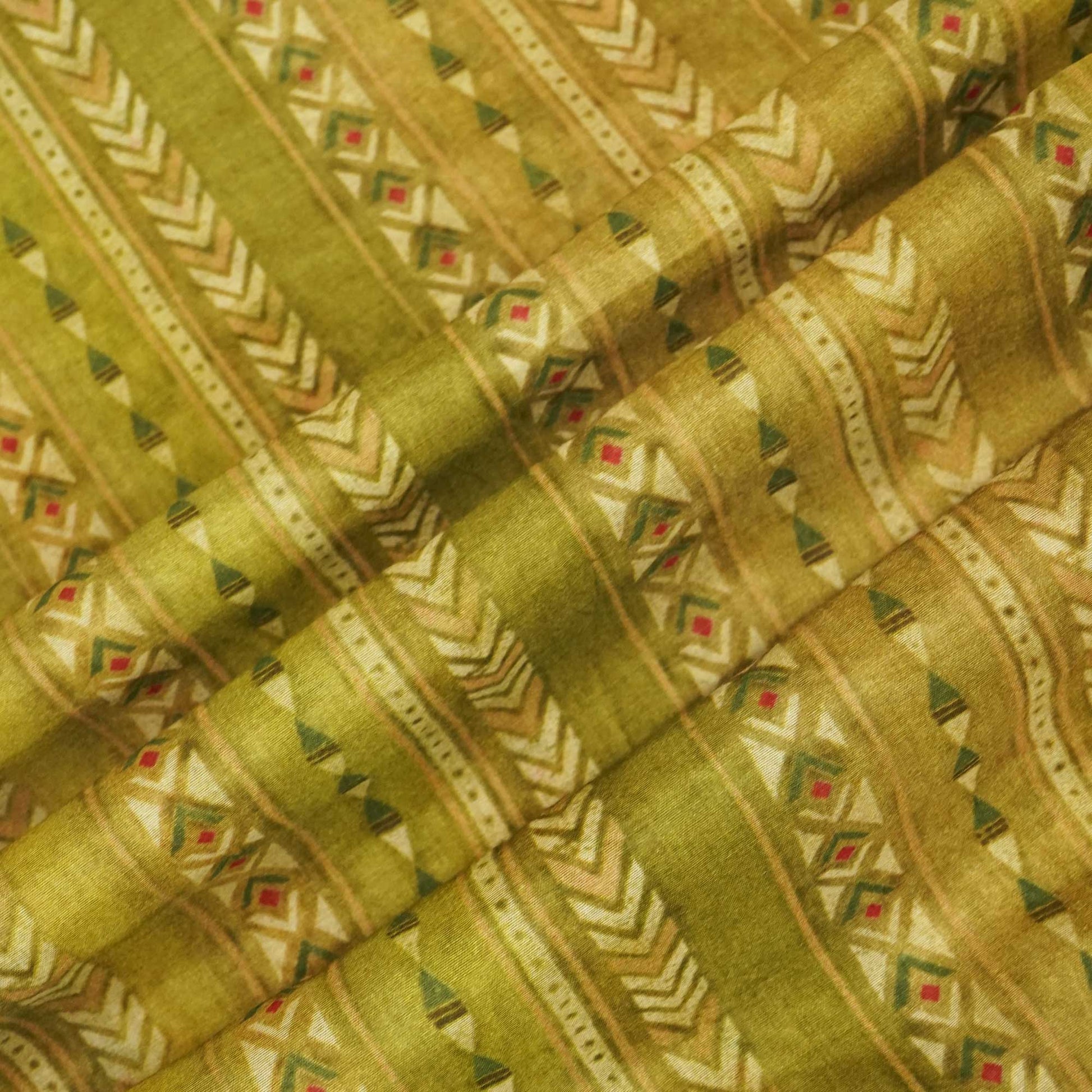 Green & Multicolor Geometrical Print Chanderi Fabric GT-25314