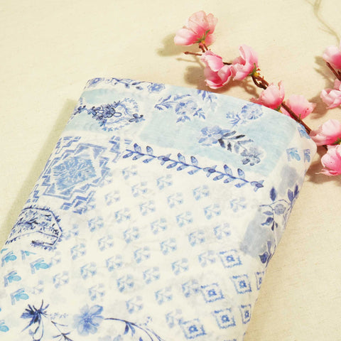 White Floral Patch Print Chanderi Fabric GT-25317