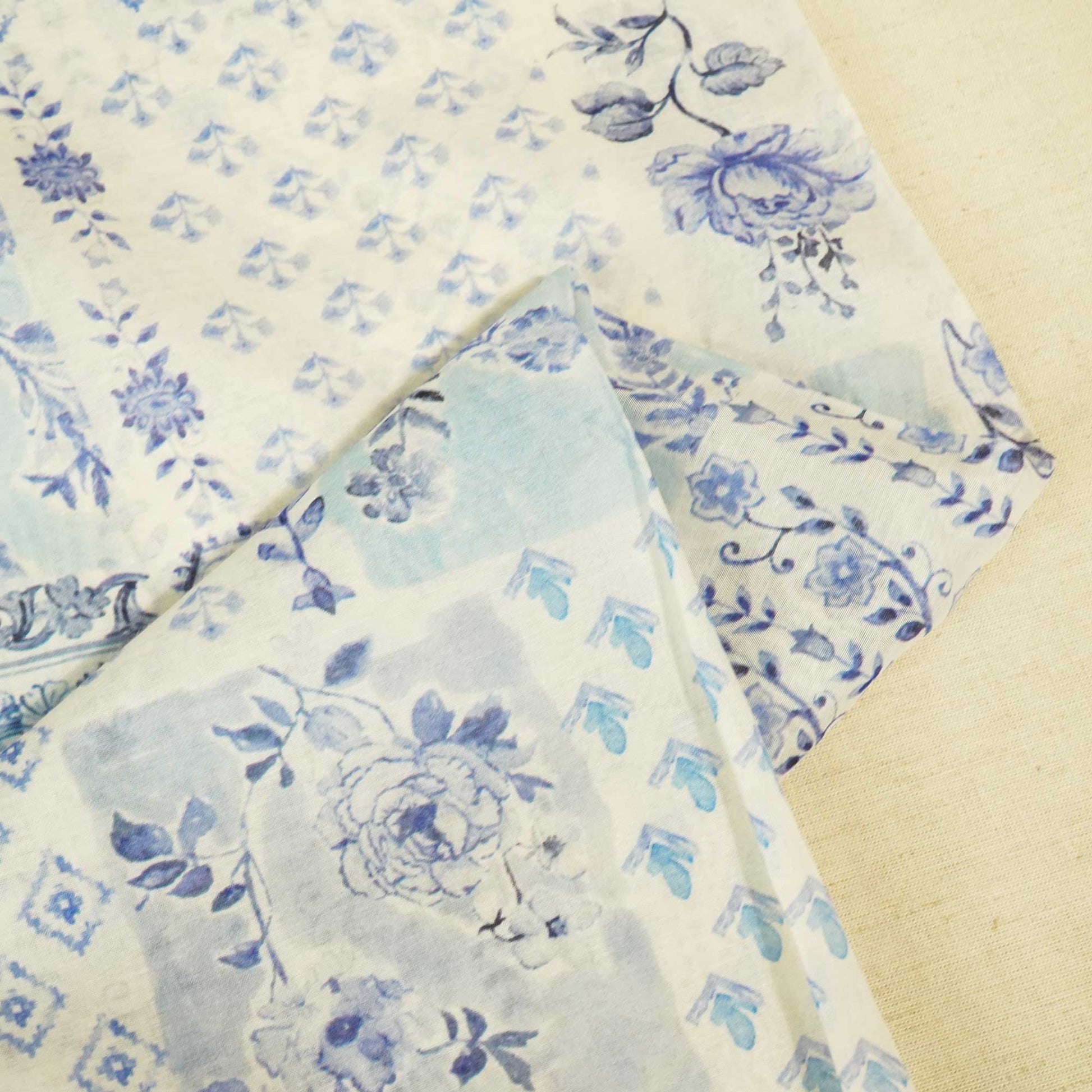 White Floral Patch Print Chanderi Fabric GT-25317