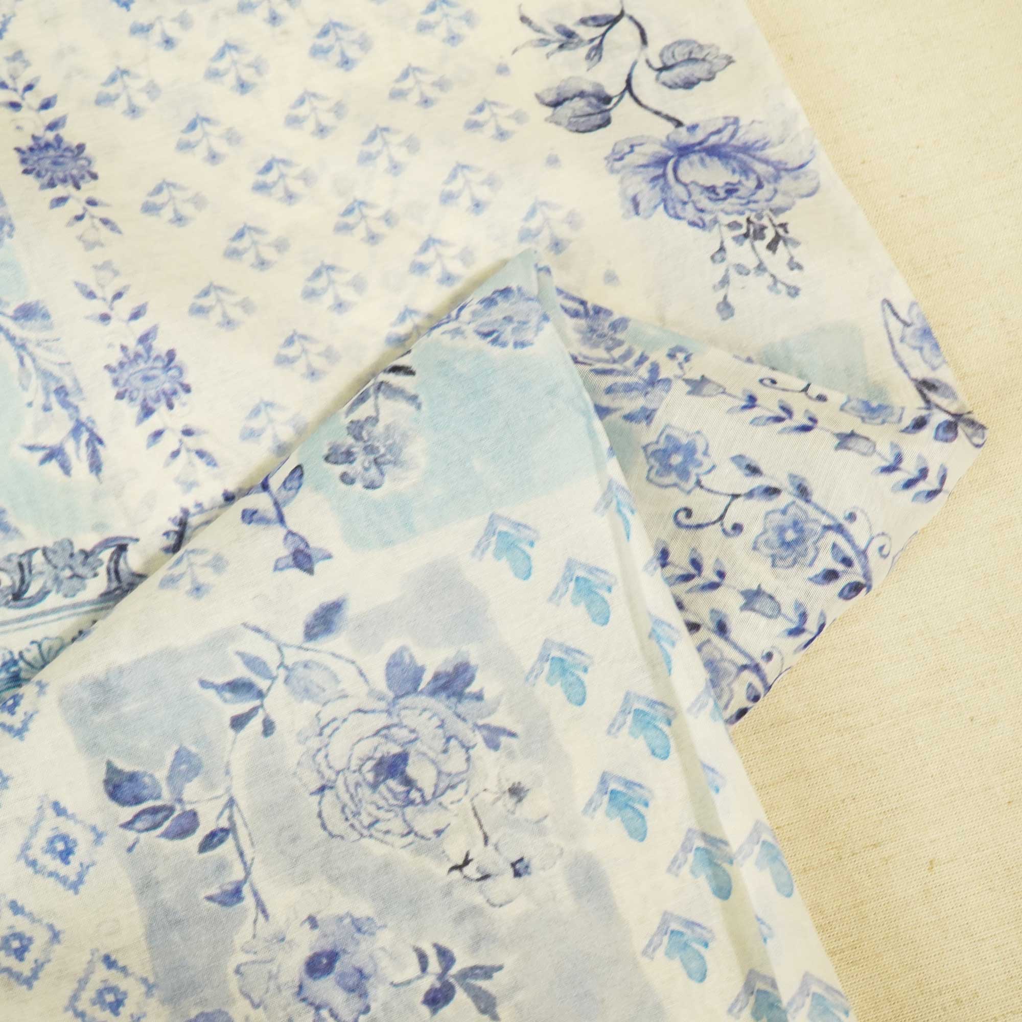 White Floral Patch Print Chanderi Fabric GT-25317