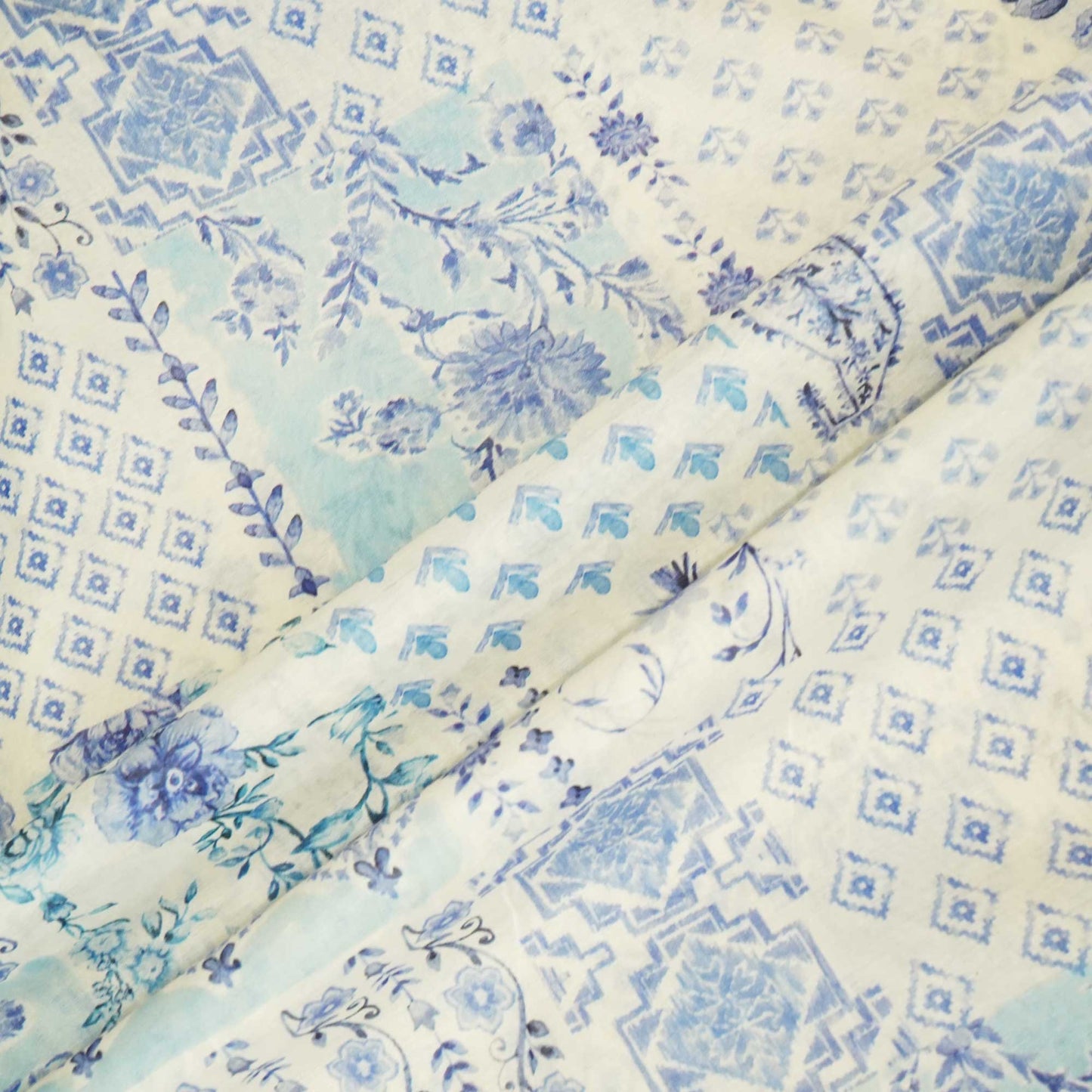 White Floral Patch Print Chanderi Fabric GT-25317