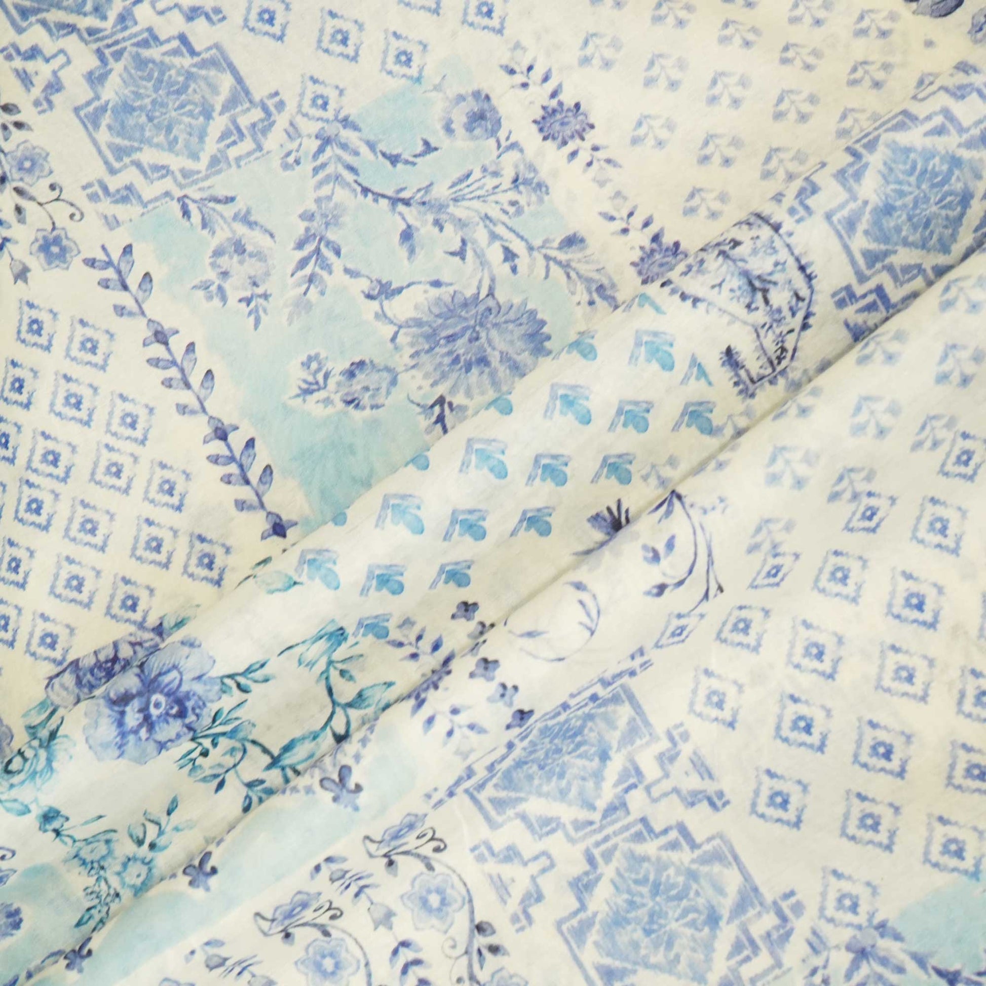 White Floral Patch Print Chanderi Fabric GT-25317
