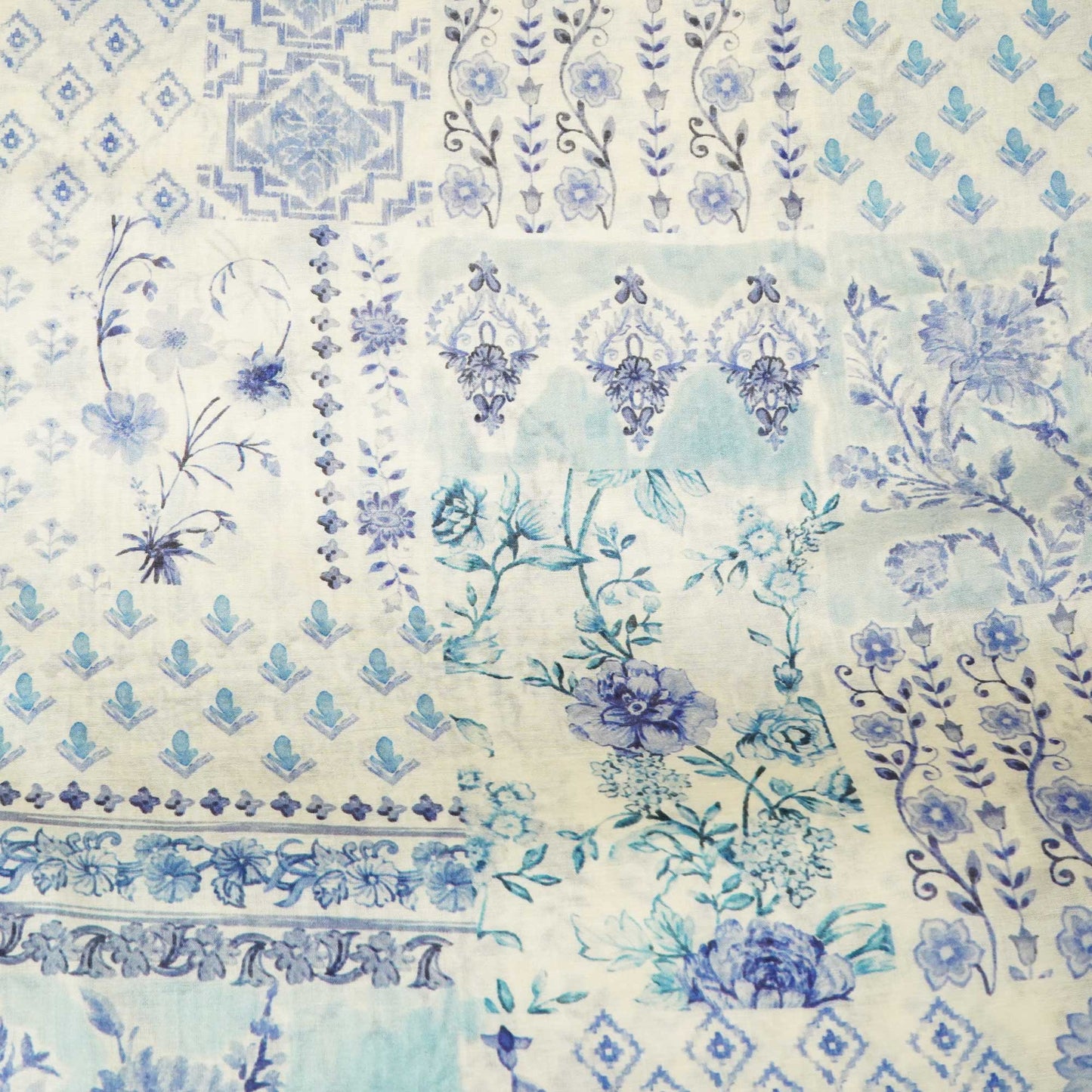 White Floral Patch Print Chanderi Fabric GT-25317