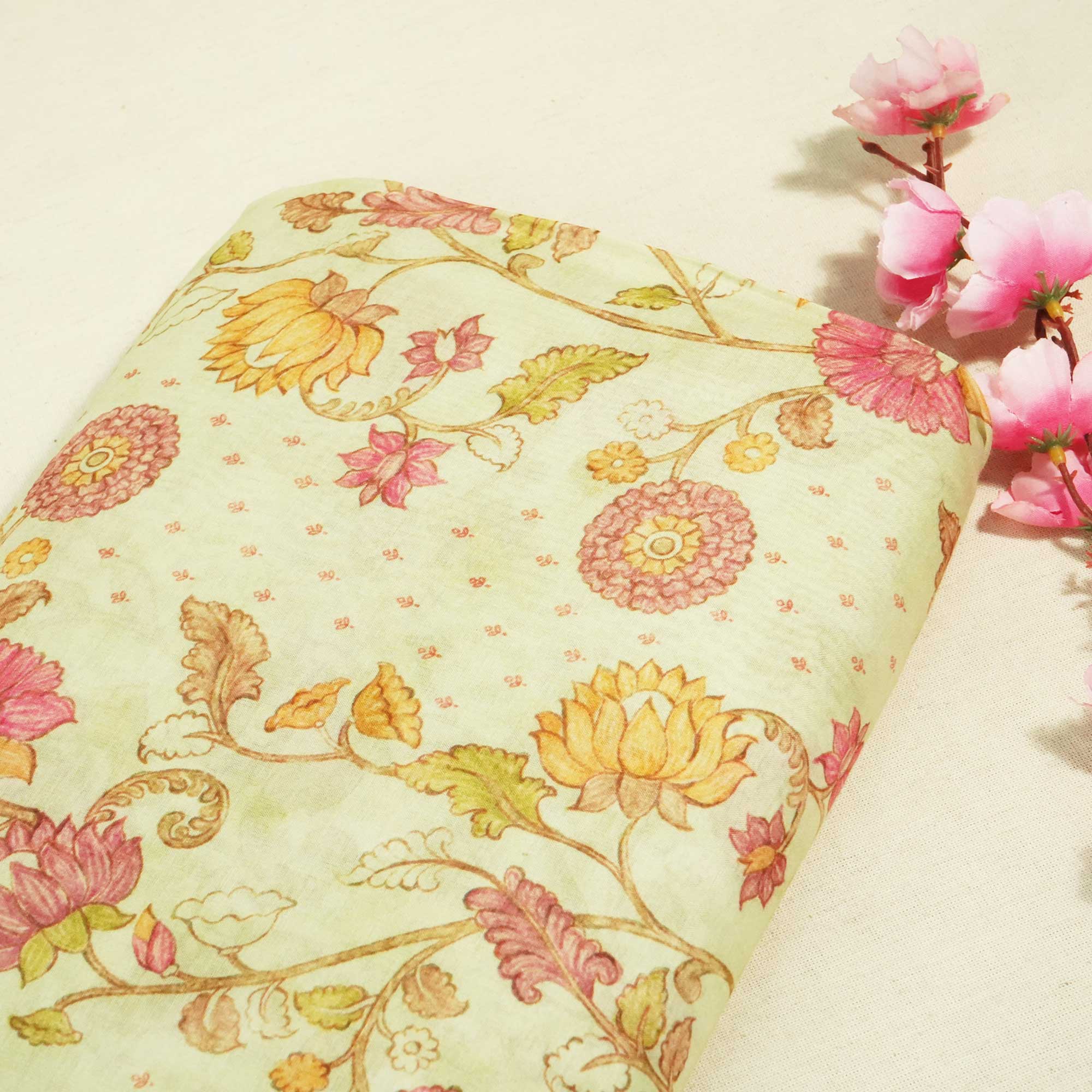 Green Floral Print Chanderi Fabric GT-25320