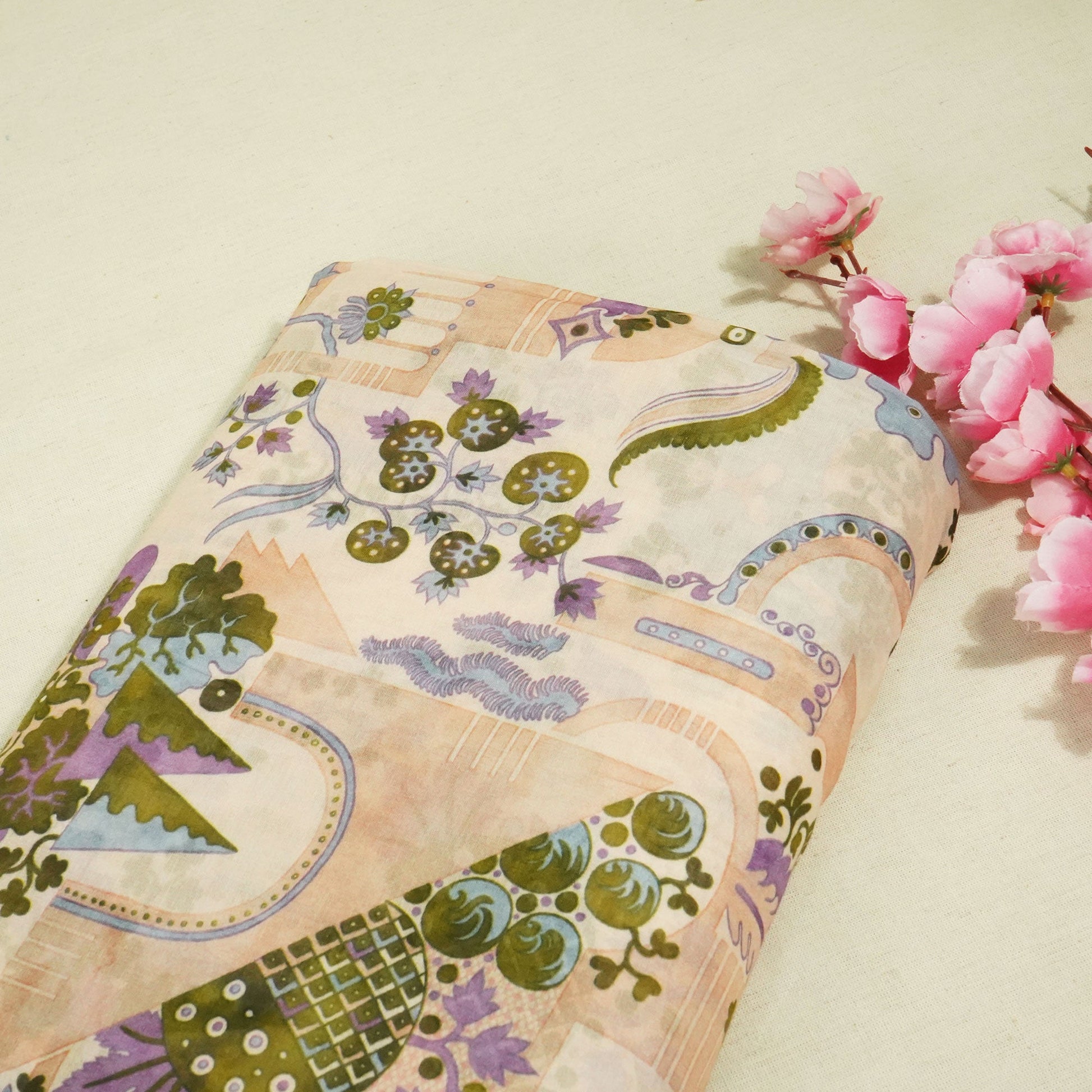Peach Abstract Print Chanderi Fabric GT-25323