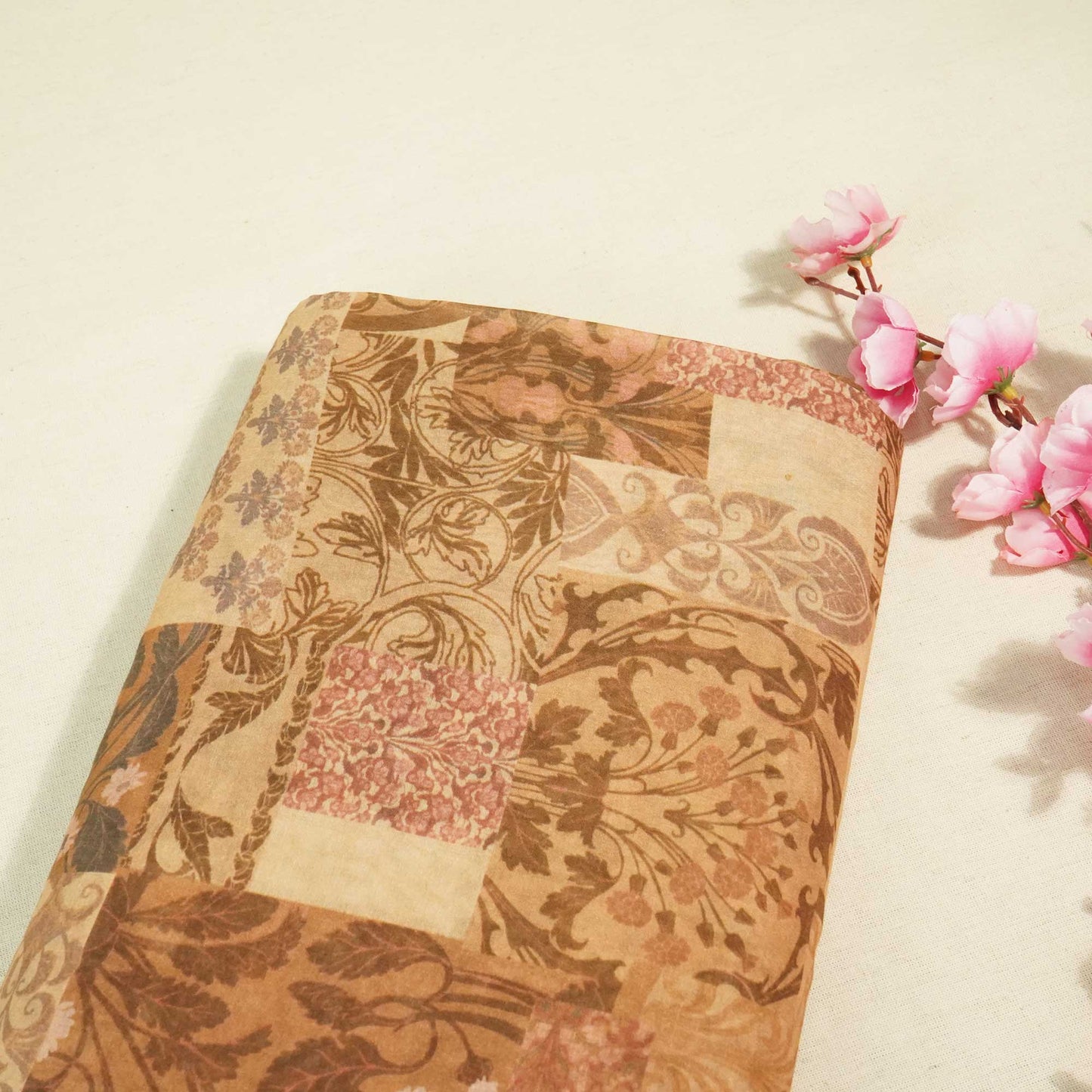 Brown Floral Patch Print Chanderi Fabric GT-25326