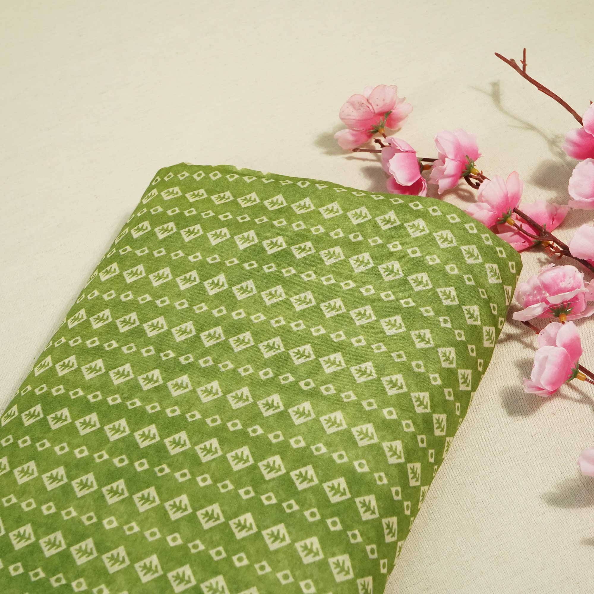 Green Geometrical Print Chanderi Fabric GT-25331