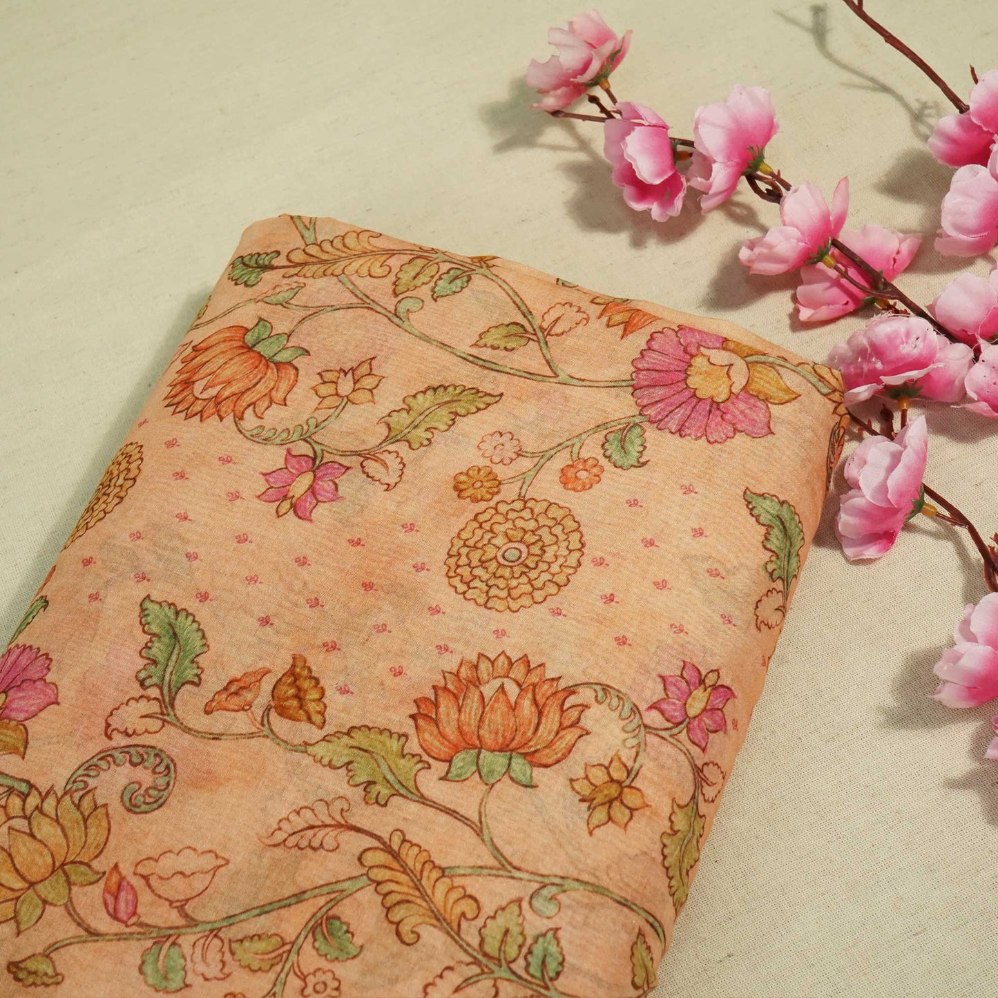 Peach Floral Print Chanderi Fabric GT-25334