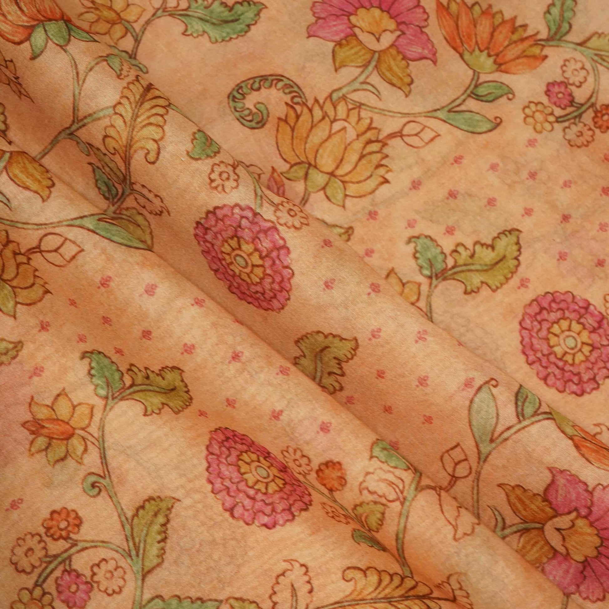 Peach Floral Print Chanderi Fabric GT-25334