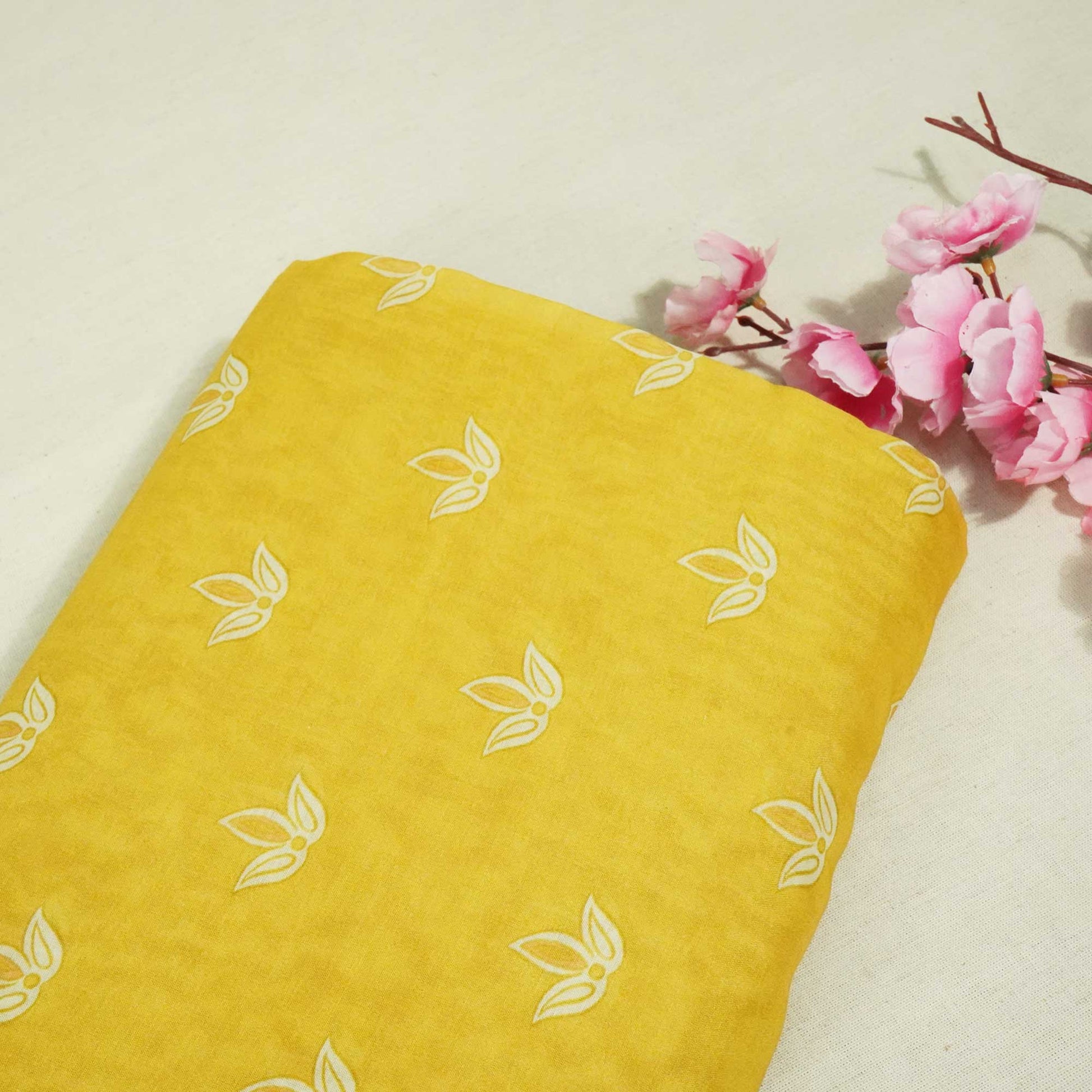 Mustard Yellow Floral Print Chanderi Fabric GT-25335