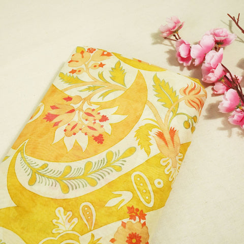 Mustard Yellow Floral Print Chanderi Fabric GT-25336