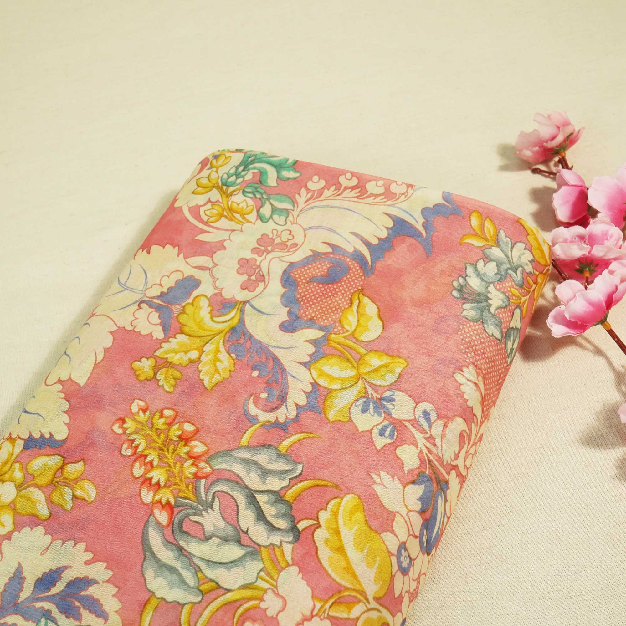 Pink Floral Print Chanderi Fabric GT-25337
