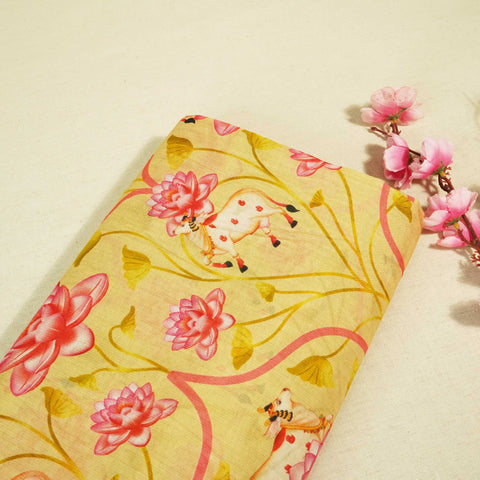 Green & Yellow Pichwai Print Chanderi Fabric GT-25341