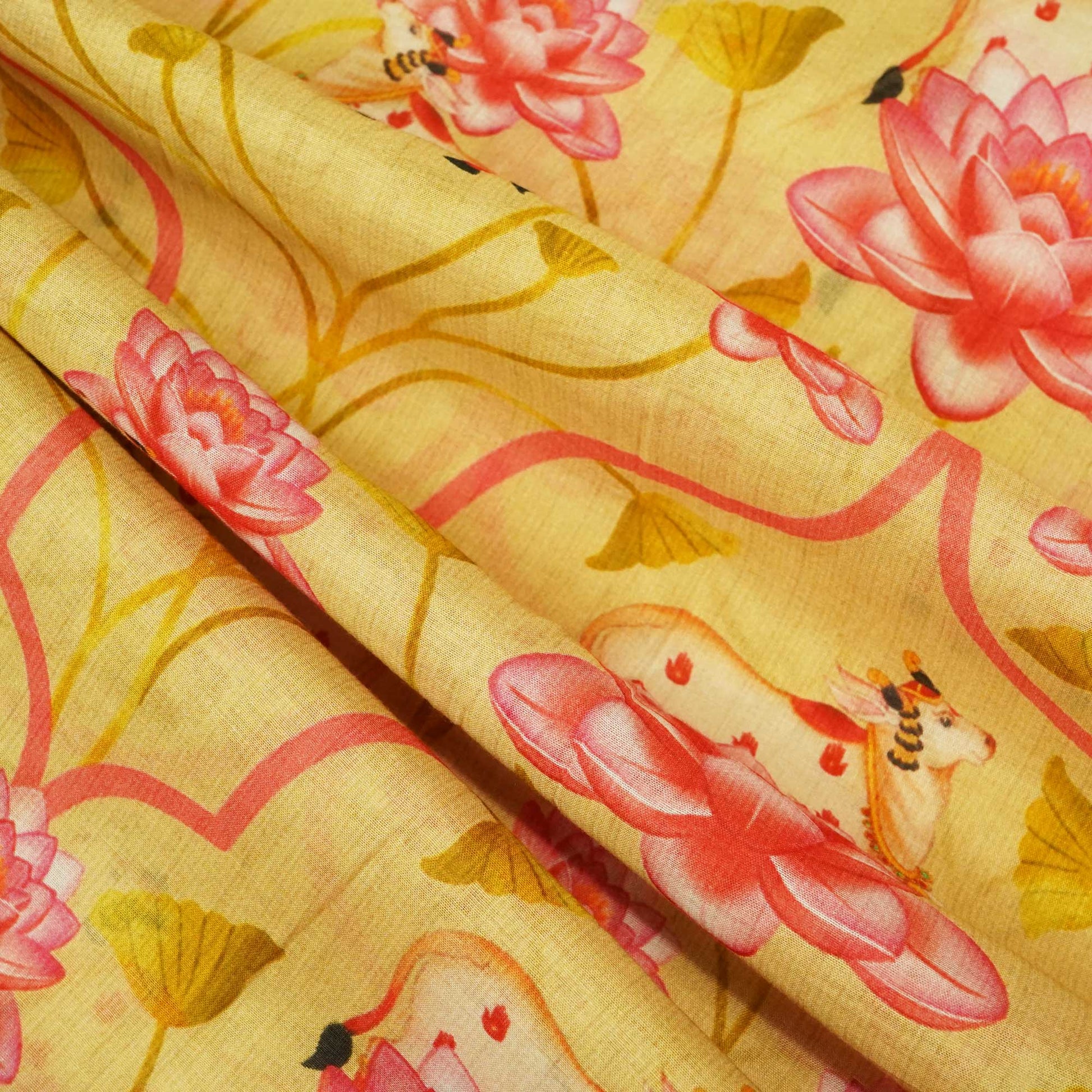 Green & Yellow Pichwai Print Chanderi Fabric GT-25341