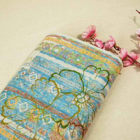 Blue & Multicolor Floral Print Chanderi Fabric GT-25342