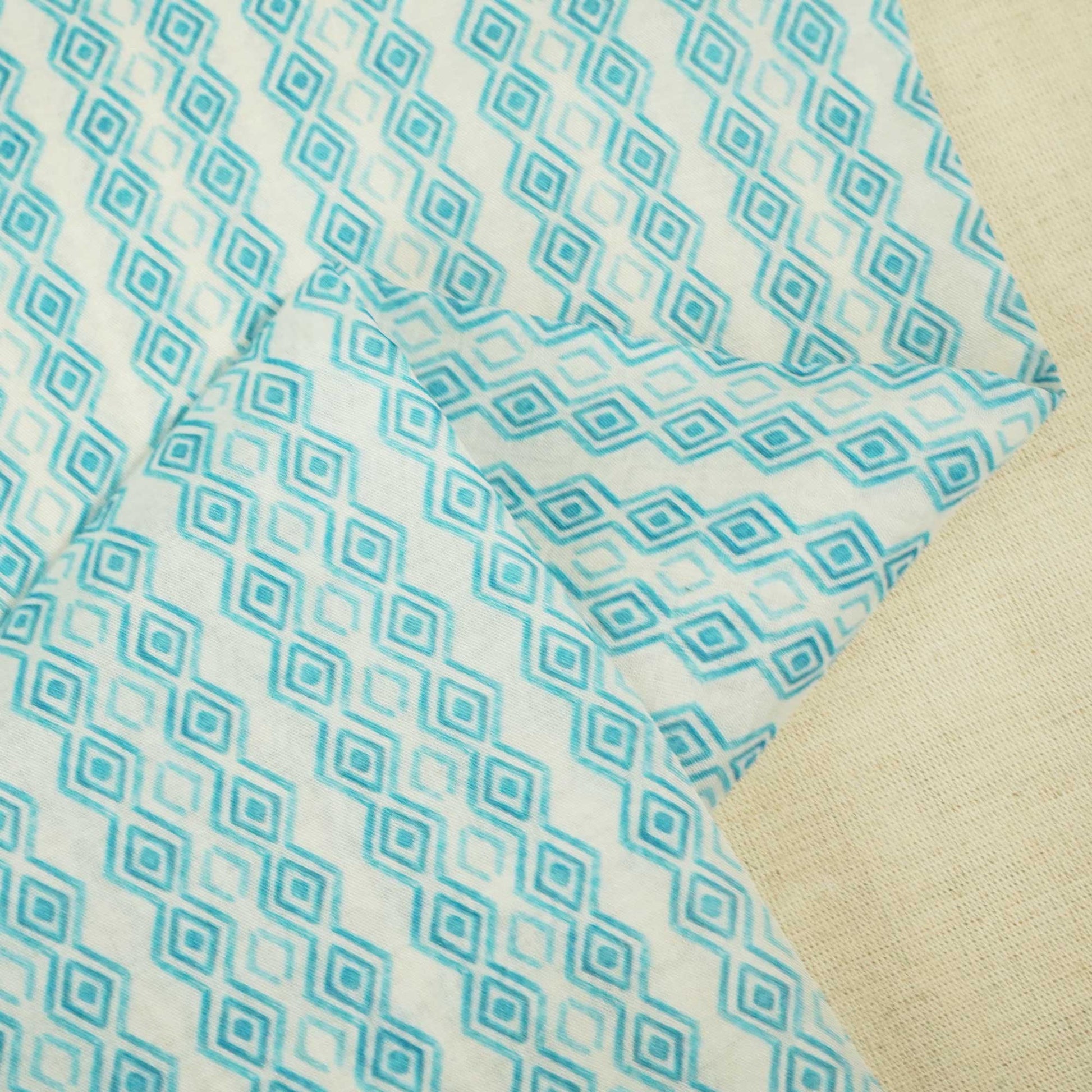 White & Blue Geometrical Print Chanderi Fabric GT-25347