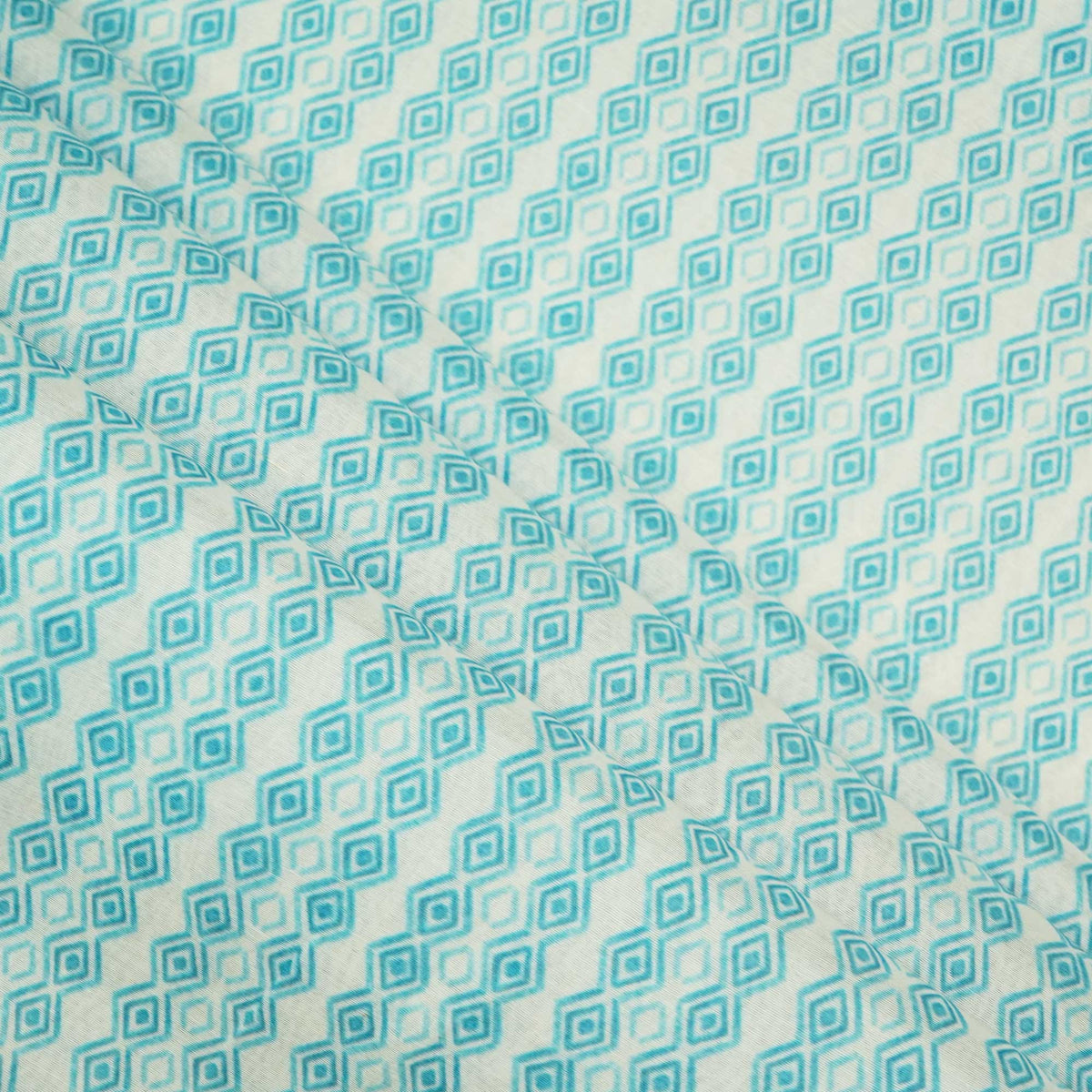 White & Blue Geometrical Print Chanderi Fabric GT-25347