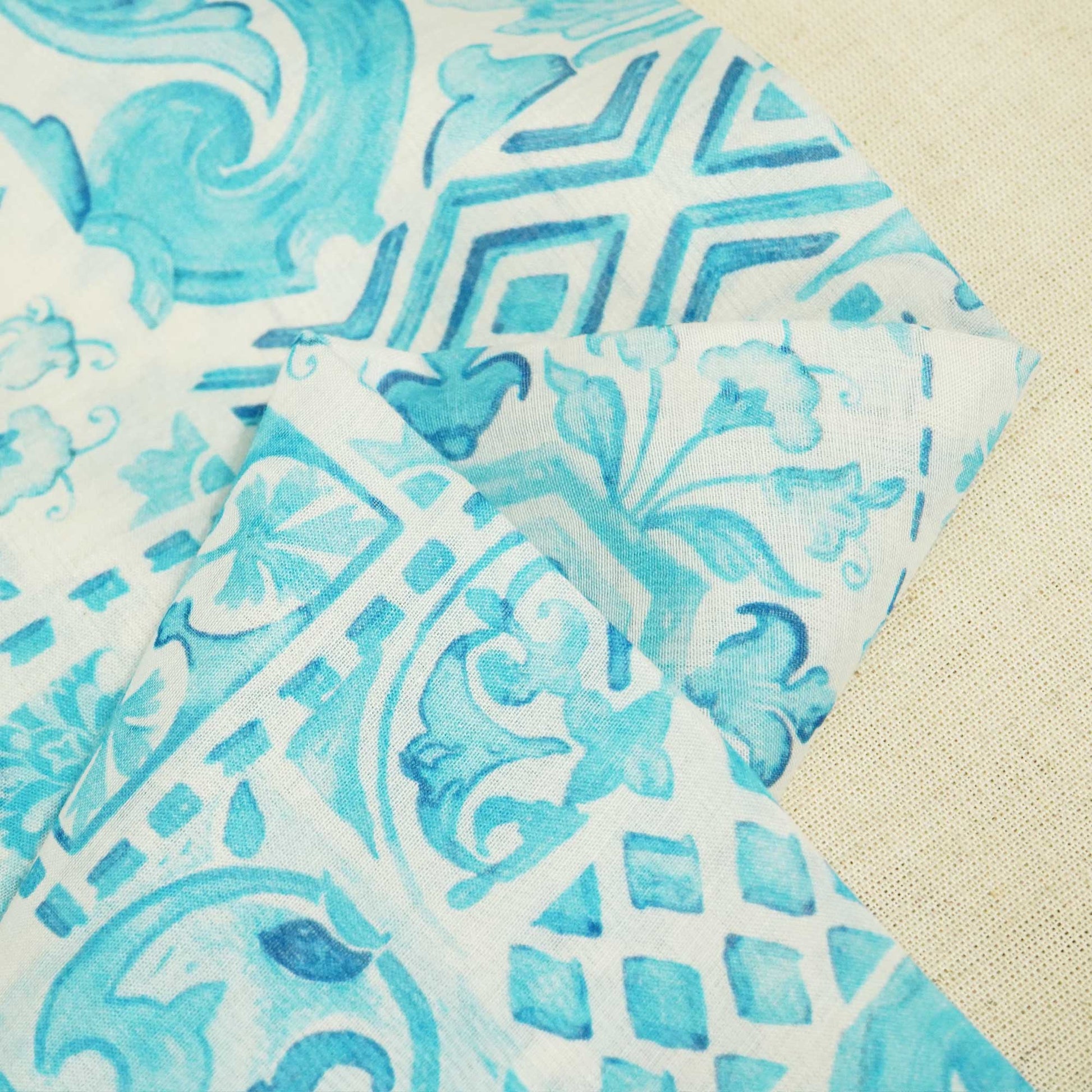 White & Blue Floral Patch Print Chanderi Fabric GT-25348