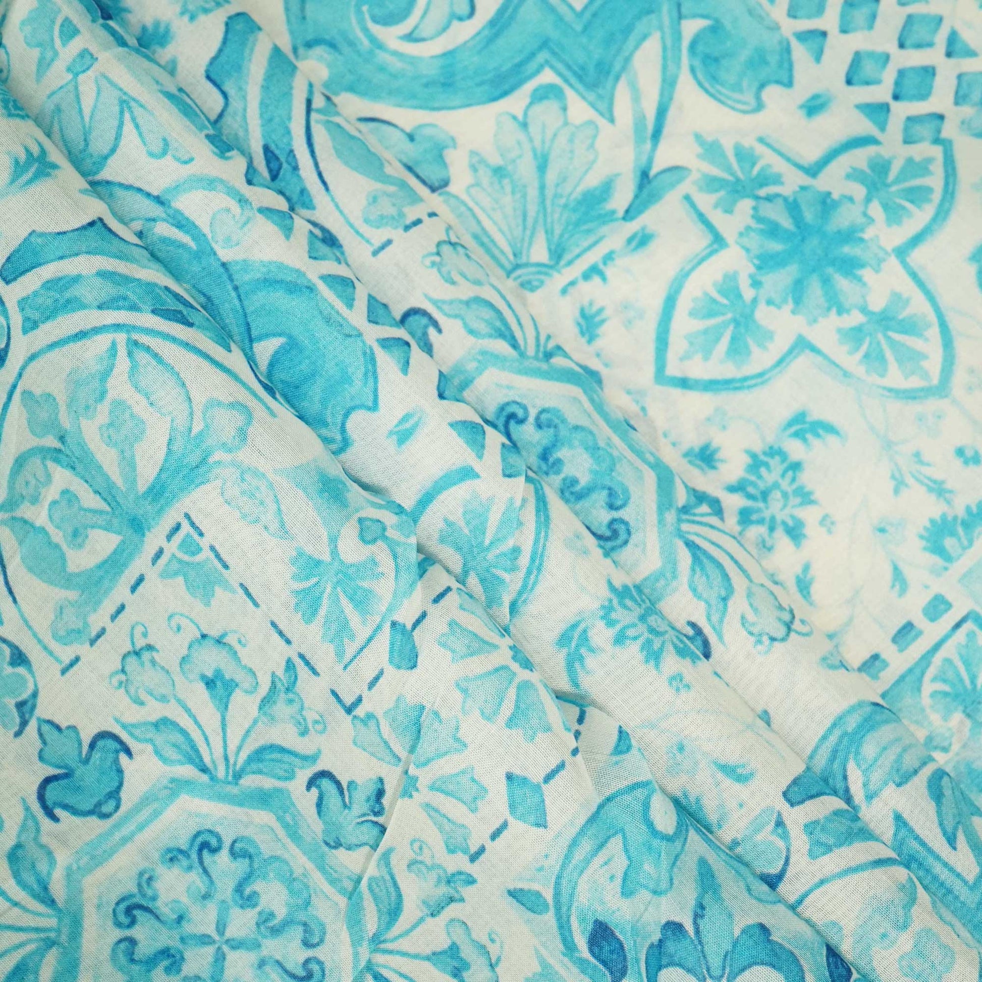 White & Blue Floral Patch Print Chanderi Fabric GT-25348