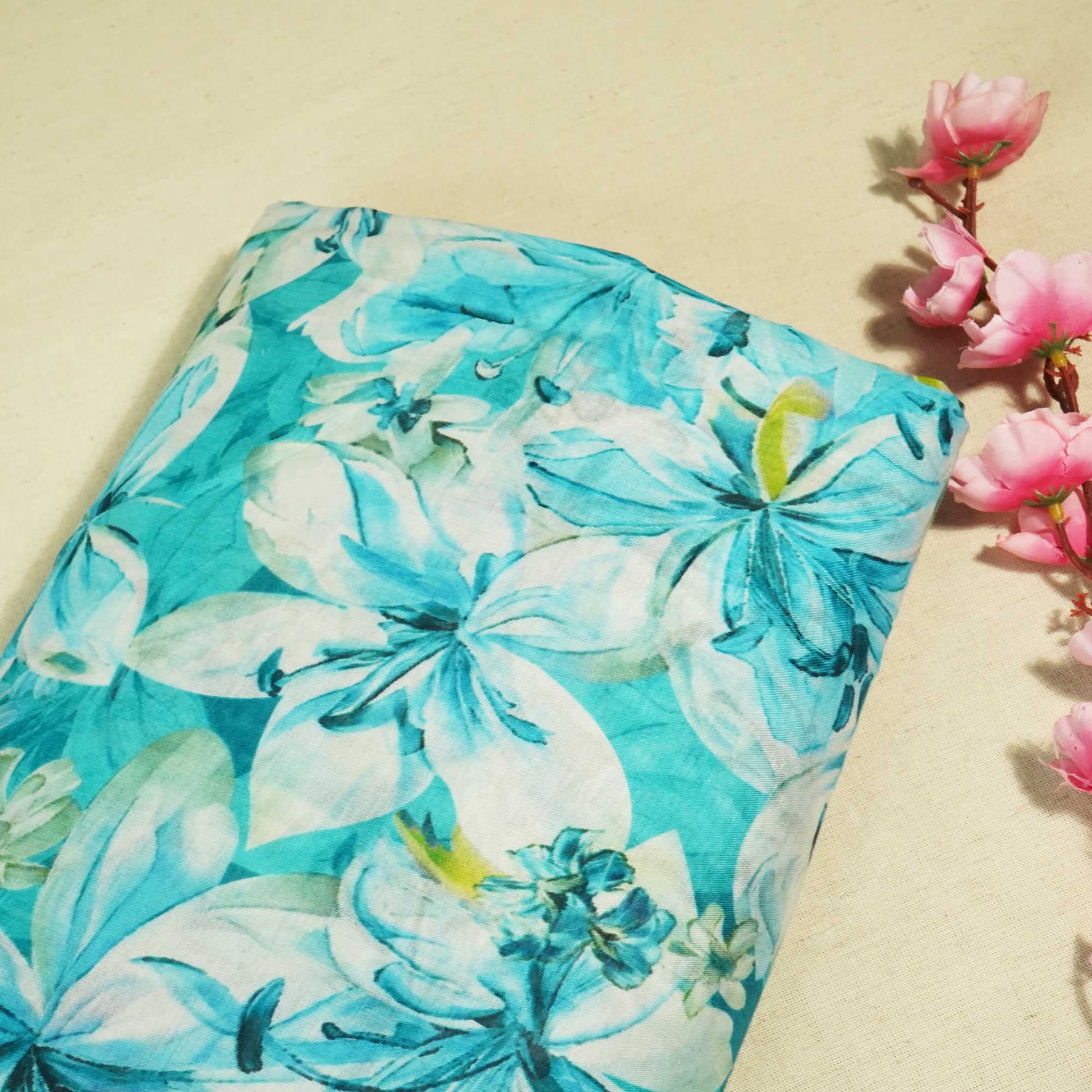 Blue Floral Print Chanderi Fabric GT-25350