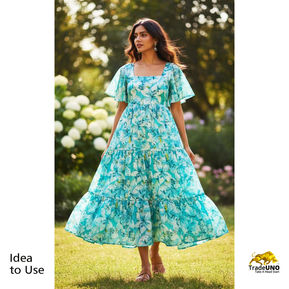 Blue Floral Print Chanderi Fabric GT-25350 - TradeUNO