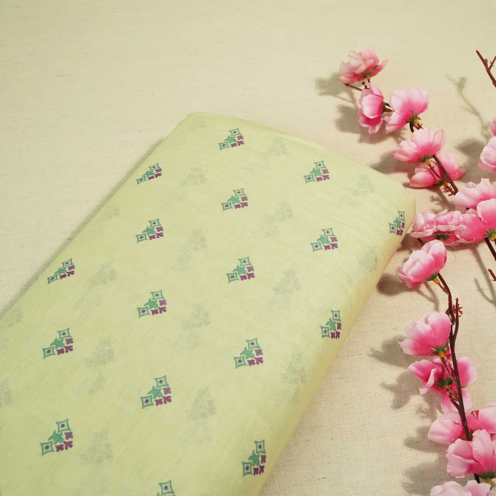 Pista Green Floral Print Chanderi Fabric GT-25351