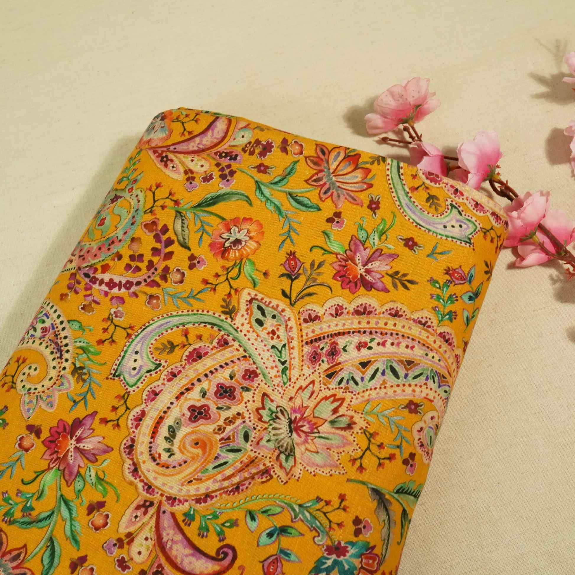 Mustard Paisley Print Linen Fabric RM-25359