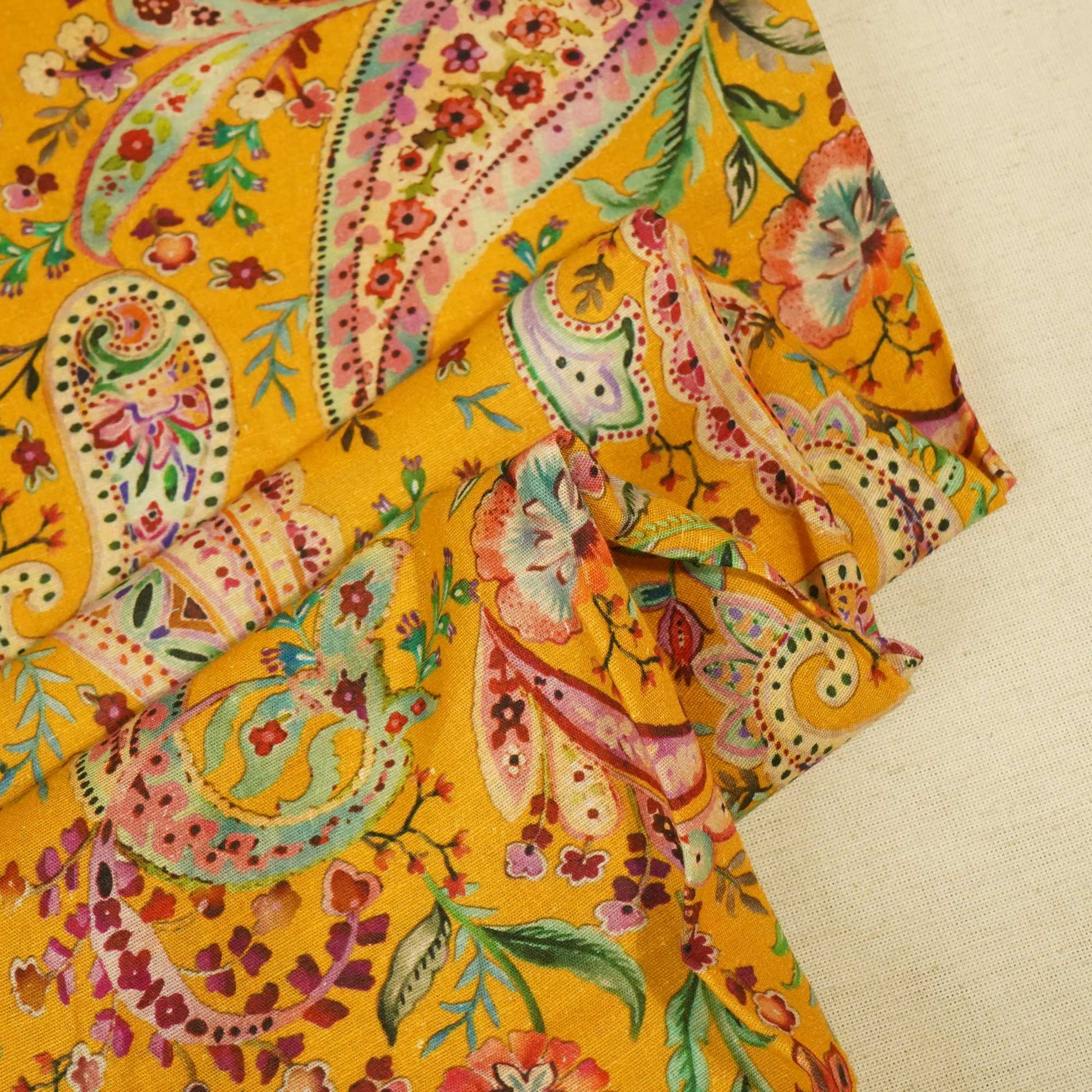Mustard Paisley Print Linen Fabric RM-25359