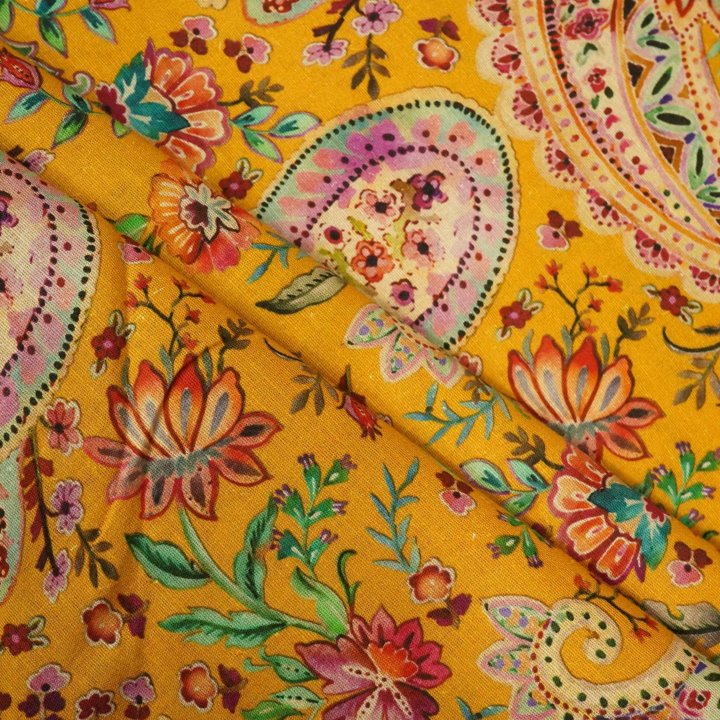 Mustard Paisley Print Linen Fabric RM-25359