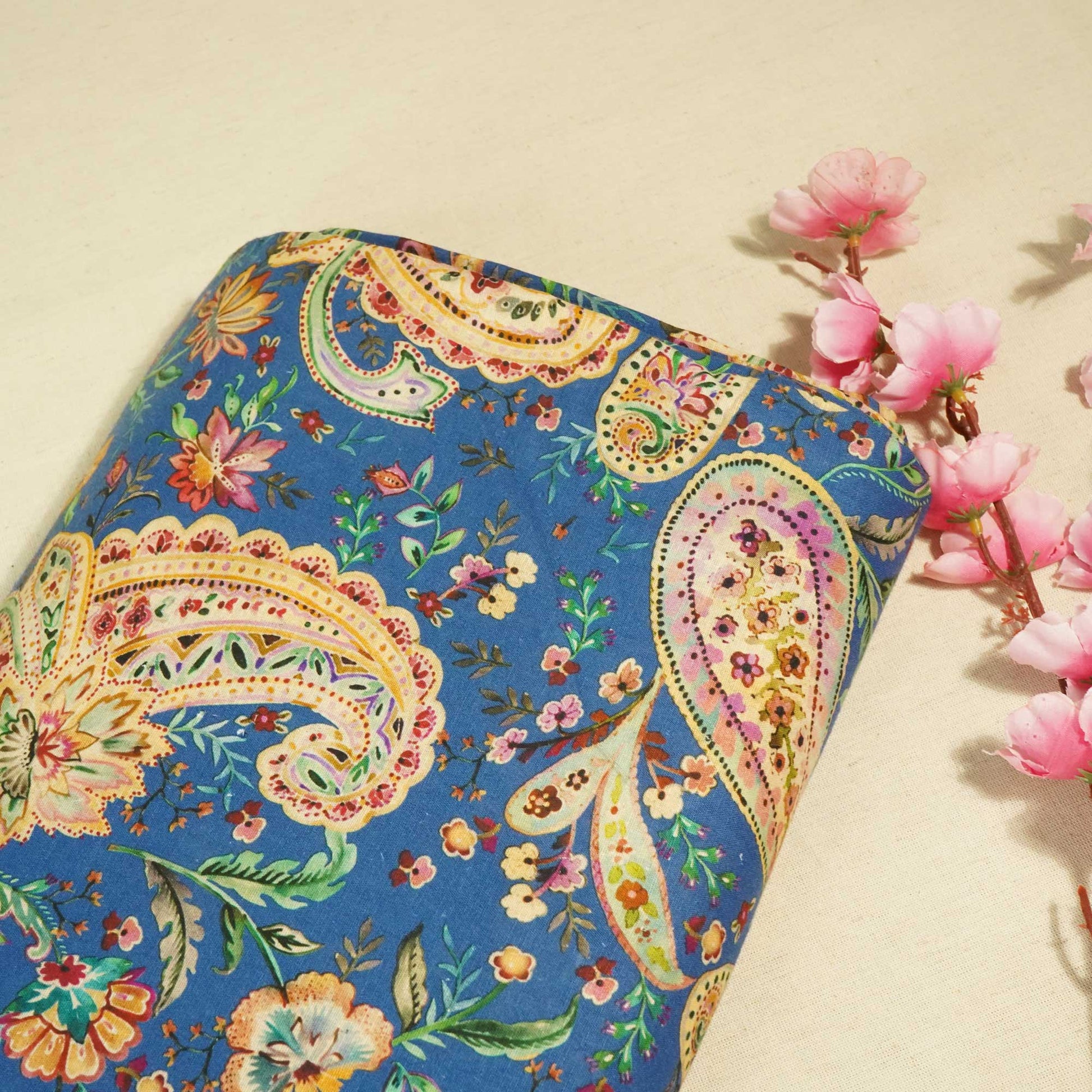 Navy Blue Paisley Print Linen Fabric RM-25360