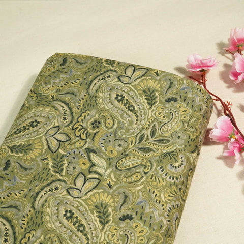Grey & Green Paisley Print Linen Fabric RM-25365