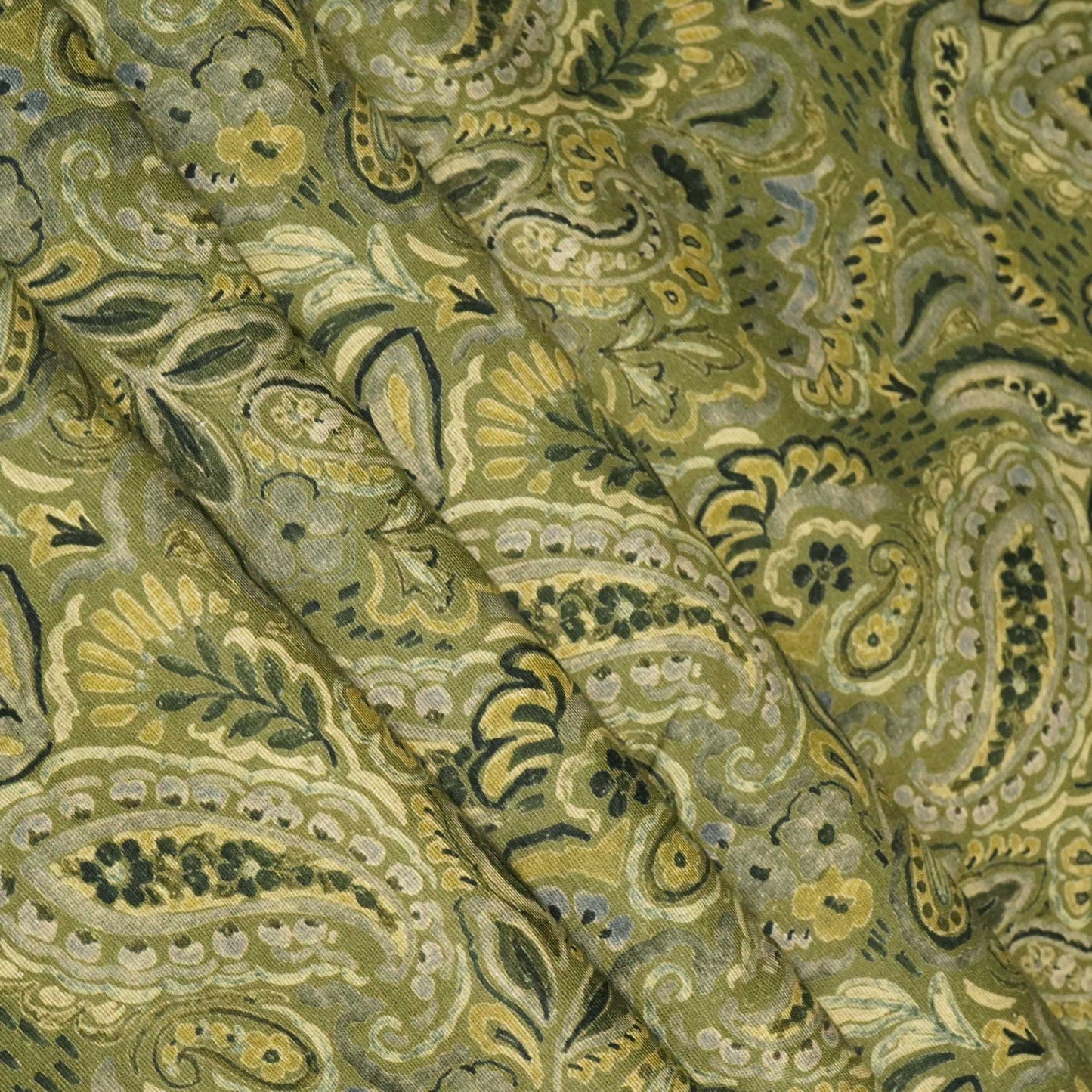 Grey & Green Paisley Print Linen Fabric RM-25365